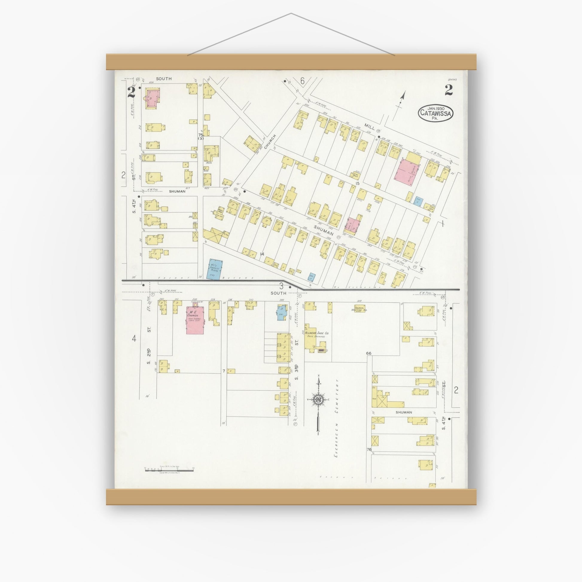 Old map wall art mockup — magnetic wood frame on white wall — Sanborn Fire Insurance Map from Catawissa, Columbia County, Pennsylvania (1930), Sheet #0002