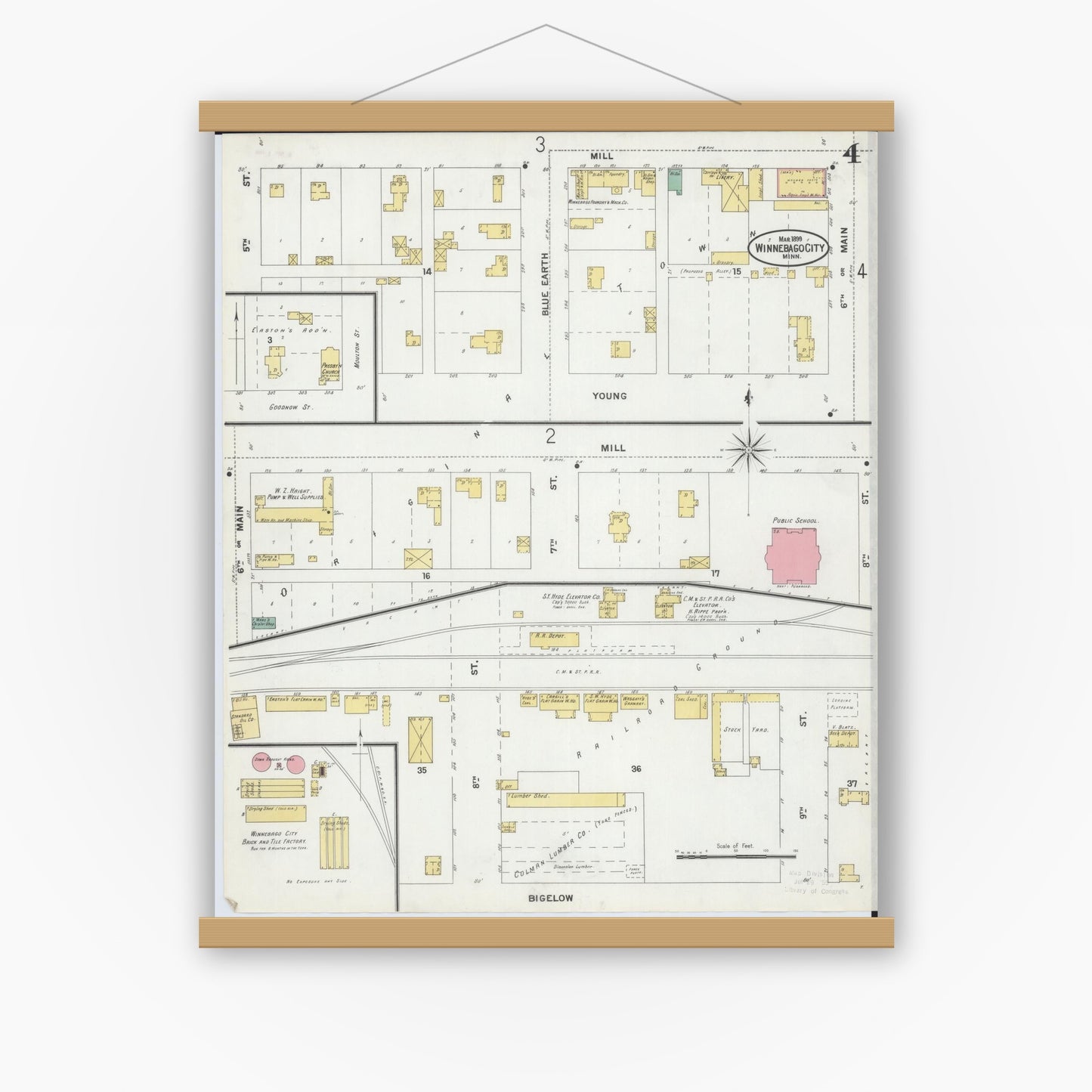 Old map wall art mockup — magnetic wood frame on white wall — Sanborn Fire Insurance Map from Winnebago, Faribault County, Minnesota (1899), Sheet #0004