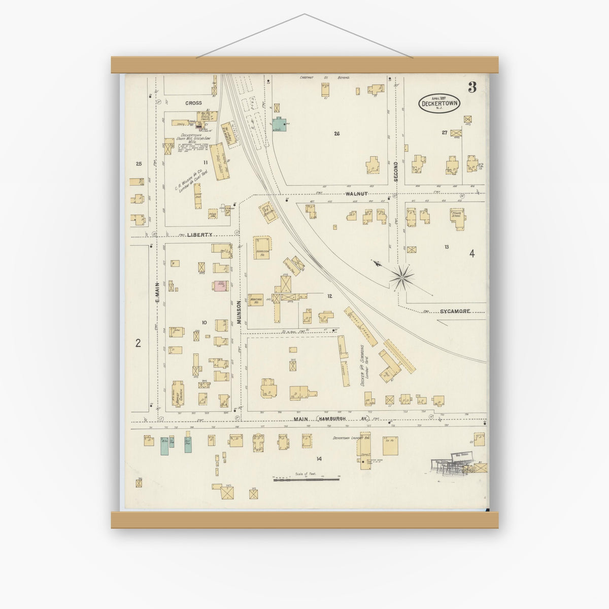 Old map wall art mockup — magnetic wood frame on white wall — Sanborn Fire Insurance Map from Deckertown, Sussex County, New Jersey (1897), Sheet #0003
