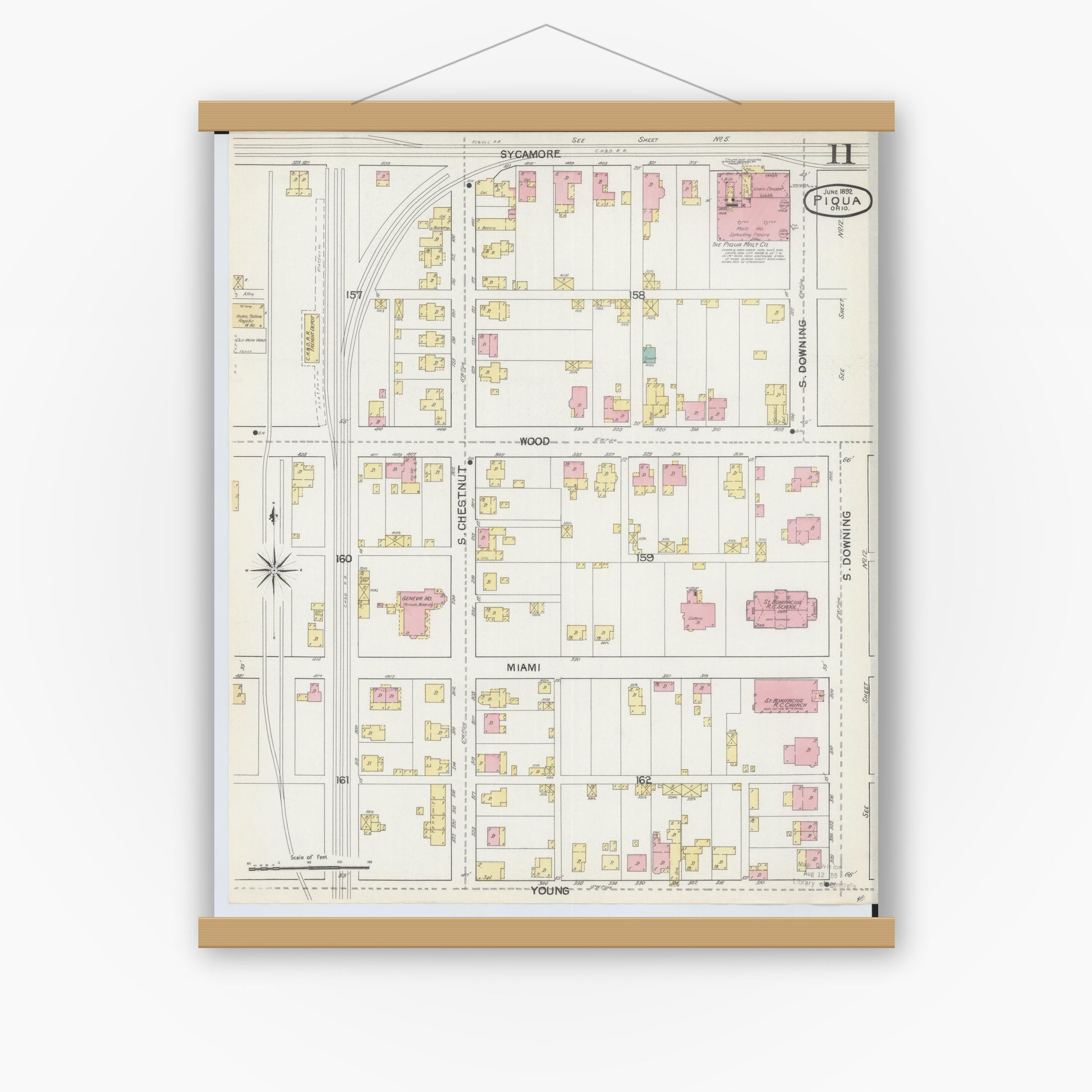 Old map wall art mockup — magnetic wood frame on white wall — Sanborn Fire Insurance Map from Piqua, Miami County, Ohio (1892), Sheet #0011
