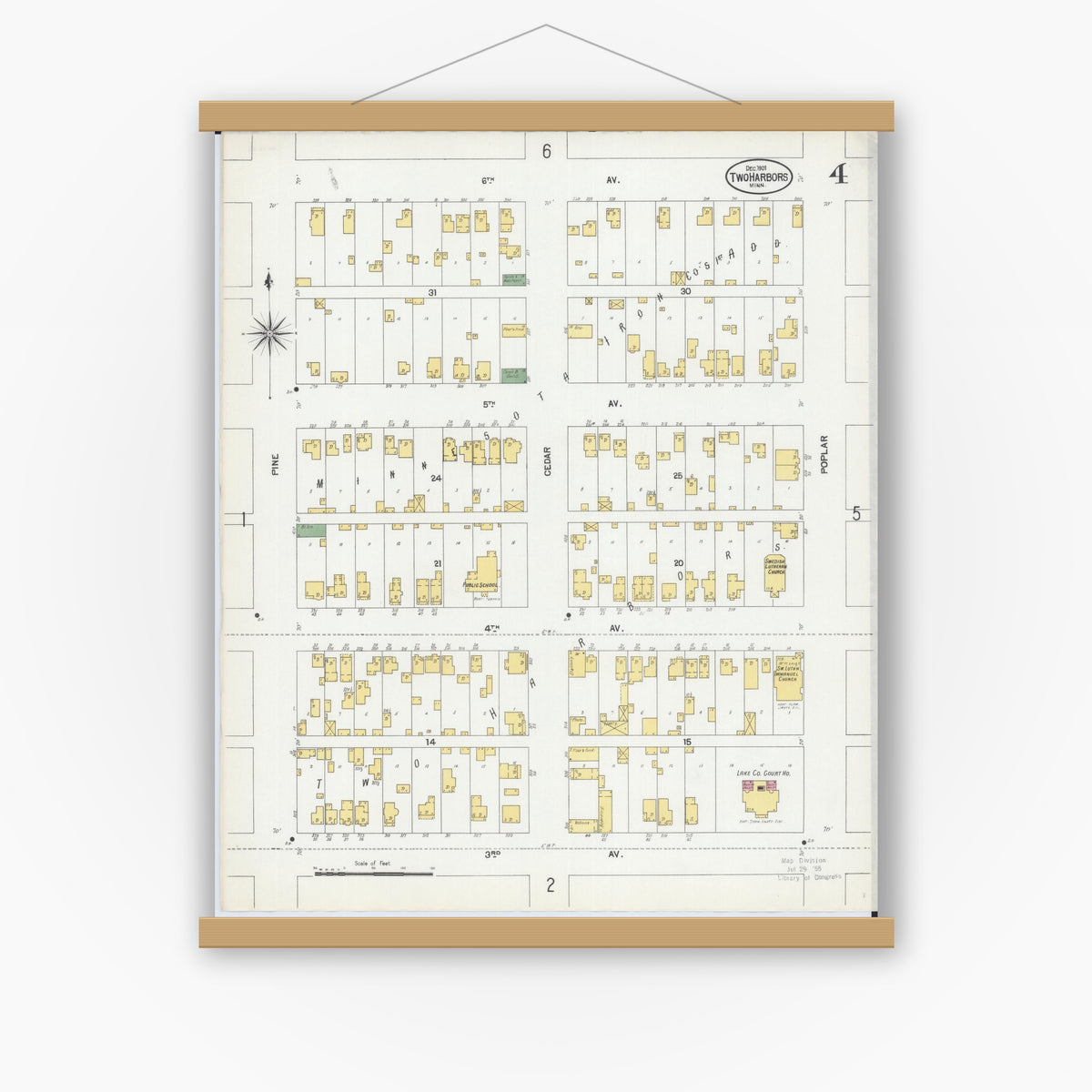 Old map wall art mockup — magnetic wood frame on white wall — Sanborn Fire Insurance Map from Two Harbors, Lake County, Minnesota (1901), Sheet #0004