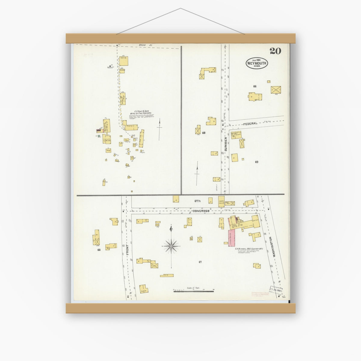 Old map wall art mockup — magnetic wood frame on white wall — Sanborn Fire Insurance Map from Weymouth, Norfolk County, Massachusetts (1904), Sheet #0020