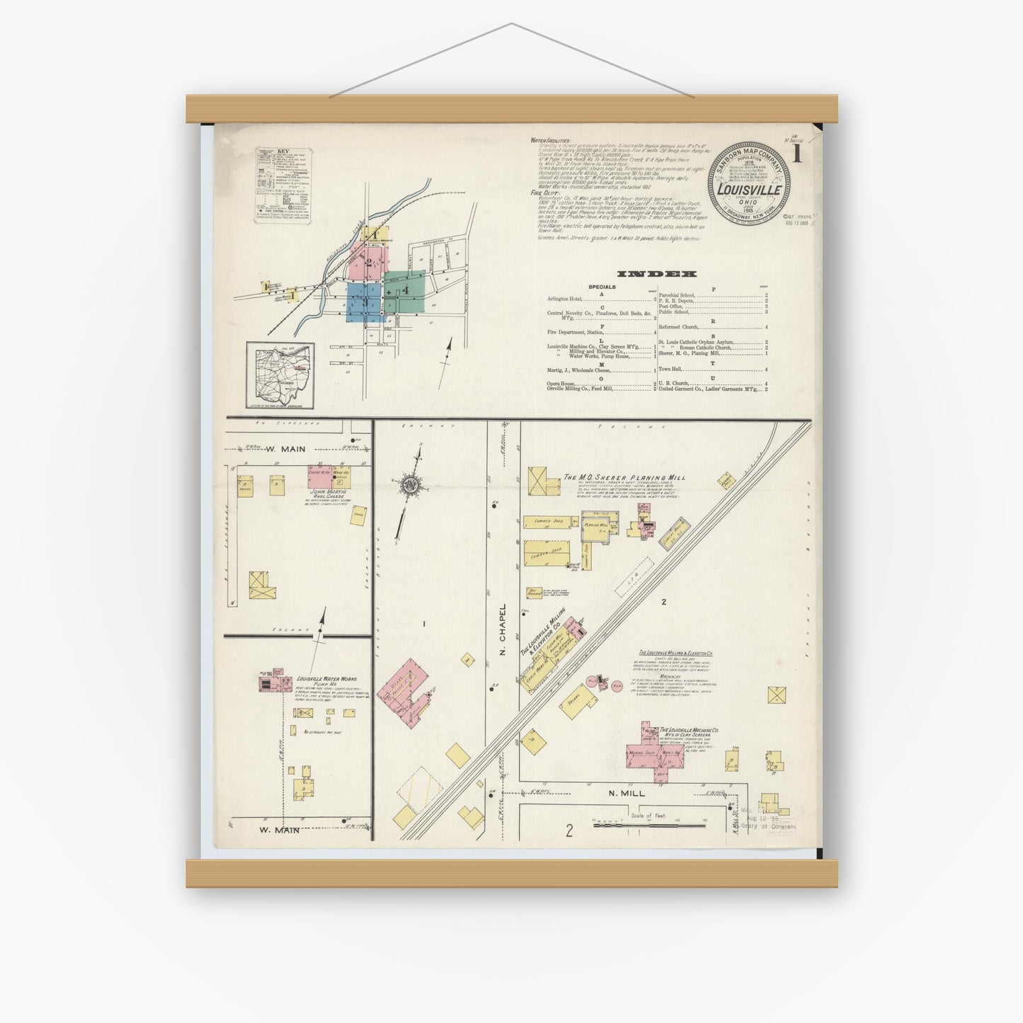 Old map wall art mockup — magnetic wood frame on white wall — Sanborn Fire Insurance Map from Louisville, Stark County, Ohio (1915) - Complete Map Set