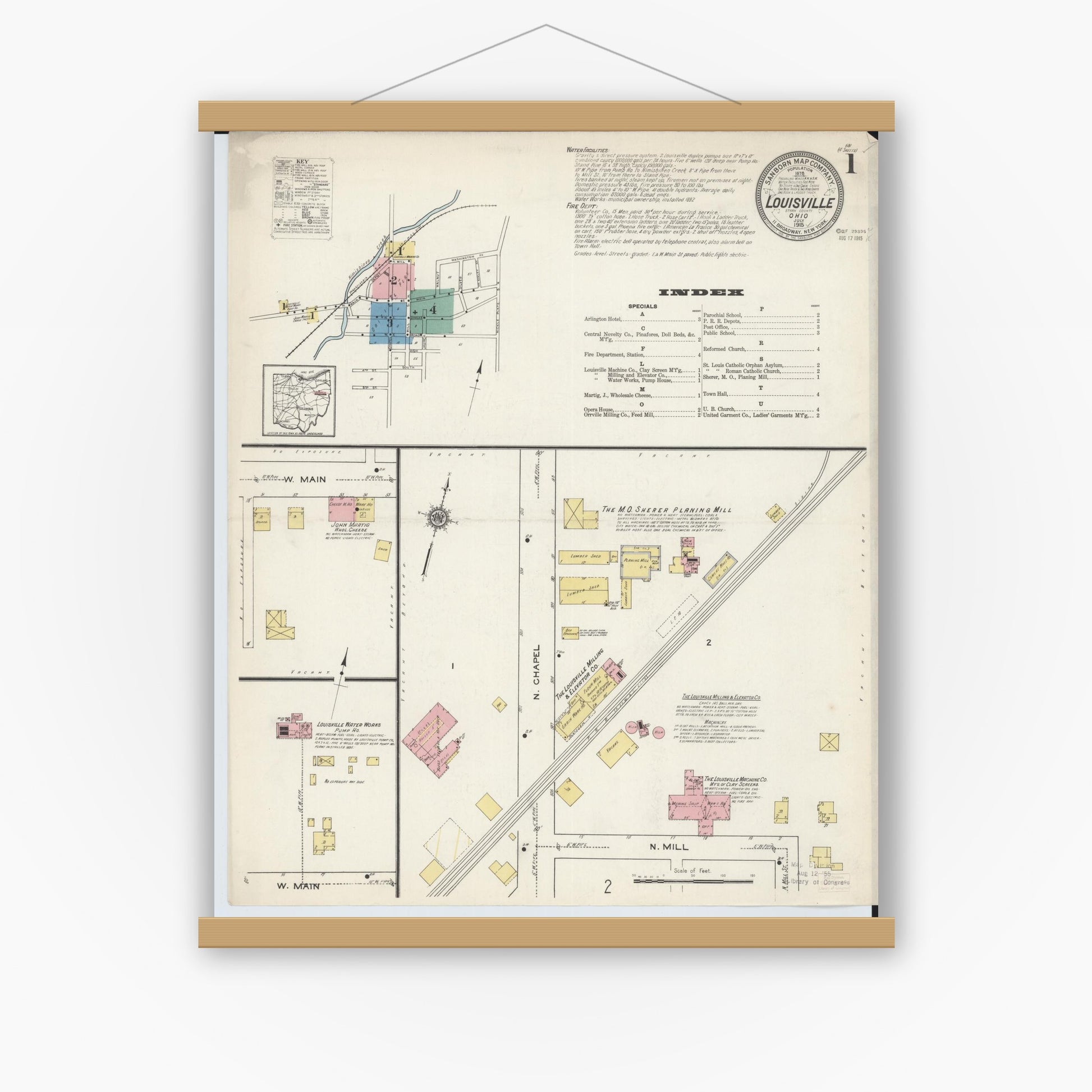 Old map wall art mockup — magnetic wood frame on white wall — Sanborn Fire Insurance Map from Louisville, Stark County, Ohio (1915) - Complete Map Set