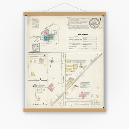 Old map wall art mockup — magnetic wood frame on white wall — Sanborn Fire Insurance Map from Louisville, Stark County, Ohio (1915) - Complete Map Set