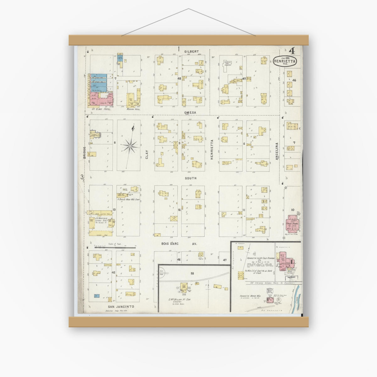 Old map wall art mockup — magnetic wood frame on white wall — Sanborn Fire Insurance Map from Henrietta, Clay County, Texas (1896), Sheet #0004