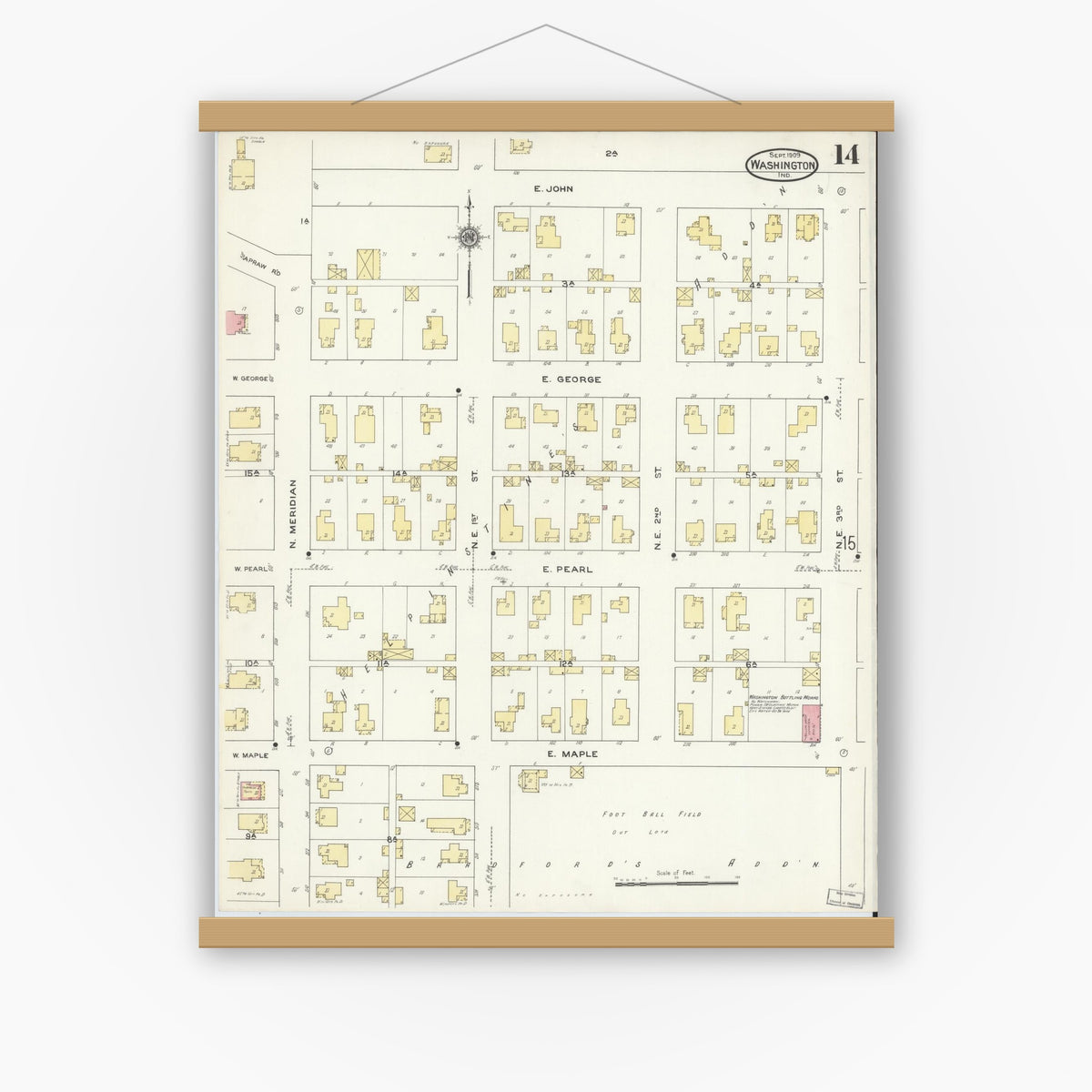 Old map wall art mockup — magnetic wood frame on white wall — Sanborn Fire Insurance Map from Washington, Daviess County, Indiana (1909), Sheet #0014
