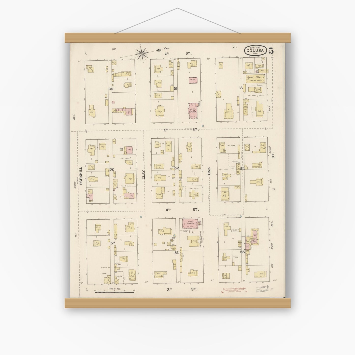 Old map wall art mockup — magnetic wood frame on white wall — Sanborn Fire Insurance Map from Colusa, Colusa County, California (1889), Sheet #0005