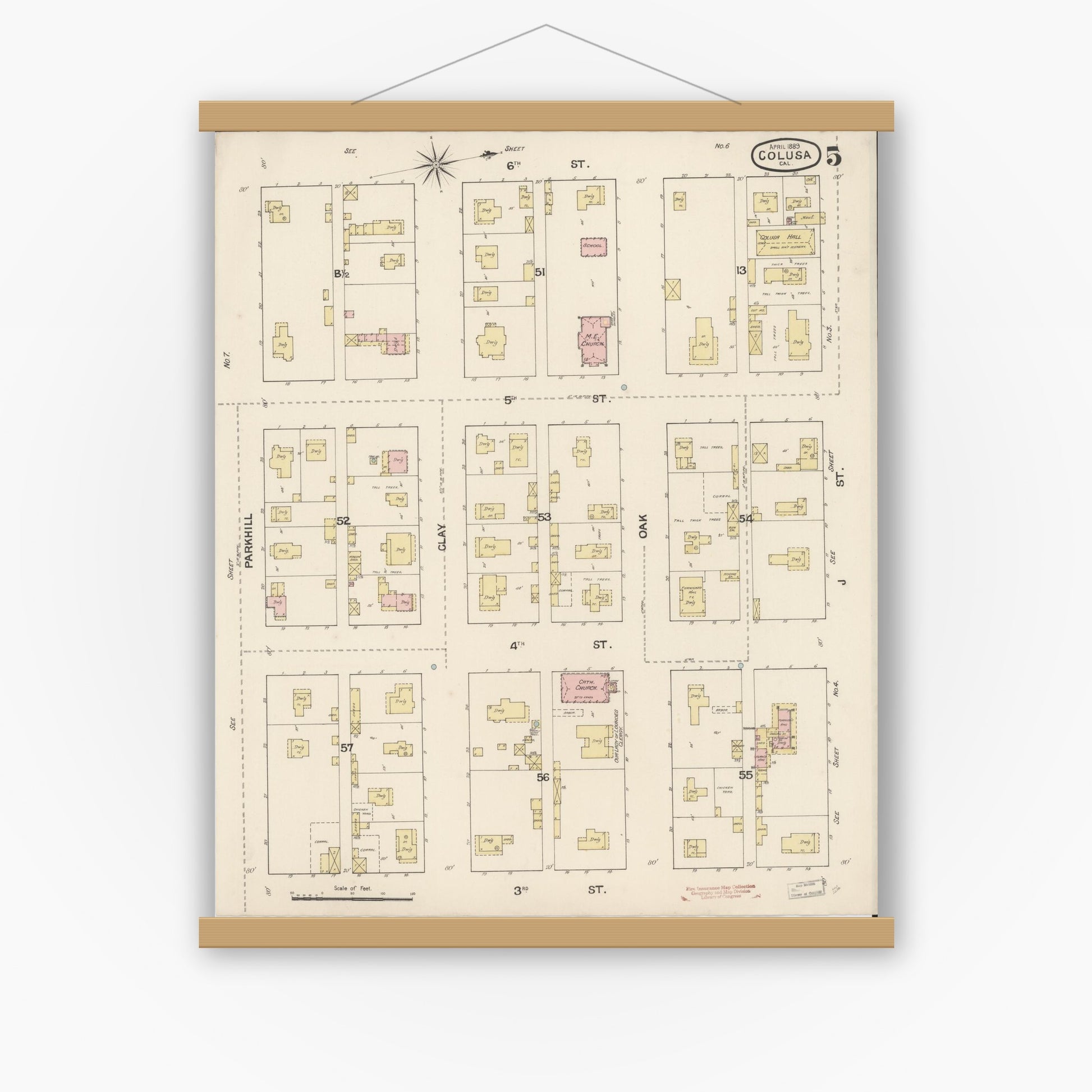 Old map wall art mockup — magnetic wood frame on white wall — Sanborn Fire Insurance Map from Colusa, Colusa County, California (1889), Sheet #0005