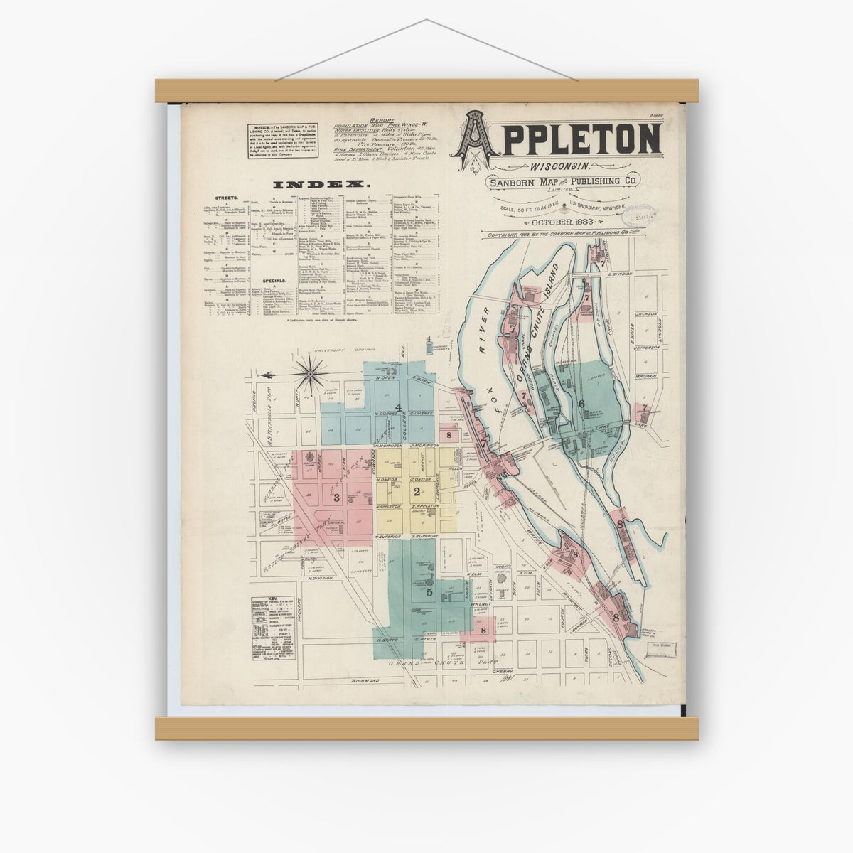 Old map wall art mockup — magnetic wood frame on white wall — Sanborn Fire Insurance Map from Appleton, Outagamie County, Wisconsin (1883) - Complete Map Set