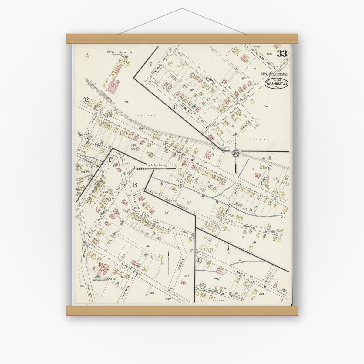Old map wall art mockup — magnetic wood frame on white wall — Sanborn Fire Insurance Map from Washington, Washington County, Pennsylvania (1914), Sheet #0033