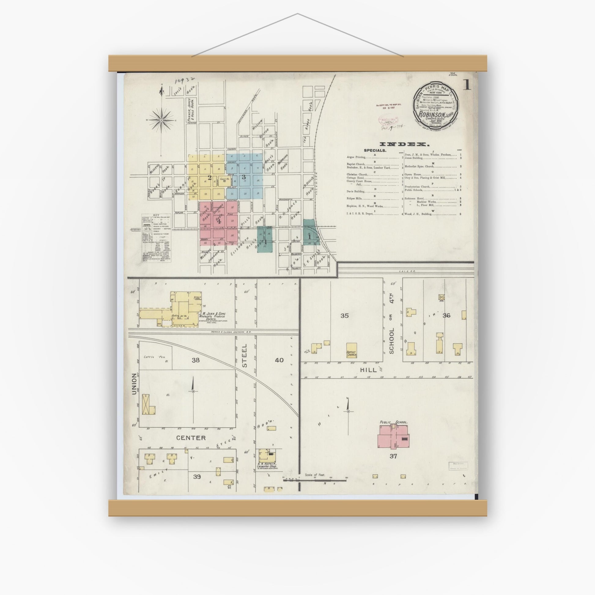 Old map wall art mockup — magnetic wood frame on white wall — Sanborn Fire Insurance Map from Robinson, Crawford County, Illinois (1894), Sheet #0001