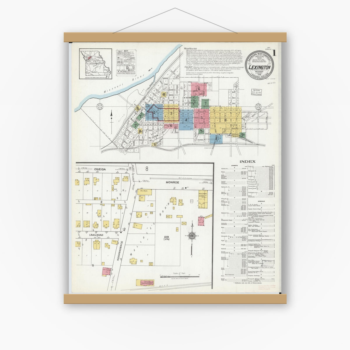 Old map wall art mockup — magnetic wood frame on white wall — Sanborn Fire Insurance Map from Lexington, Lafayette County, Missouri (1918), Sheet #0001