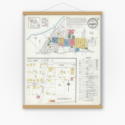 Old map wall art mockup — magnetic wood frame on white wall — Sanborn Fire Insurance Map from Lexington, Lafayette County, Missouri (1918), Sheet #0001