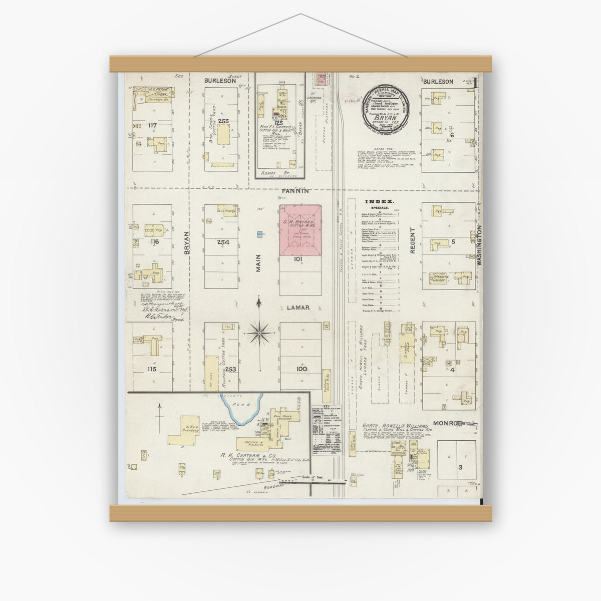 Old map wall art mockup — magnetic wood frame on white wall — Sanborn Fire Insurance Map from Bryan, Brazos County, Texas (1891) - Complete Map Set