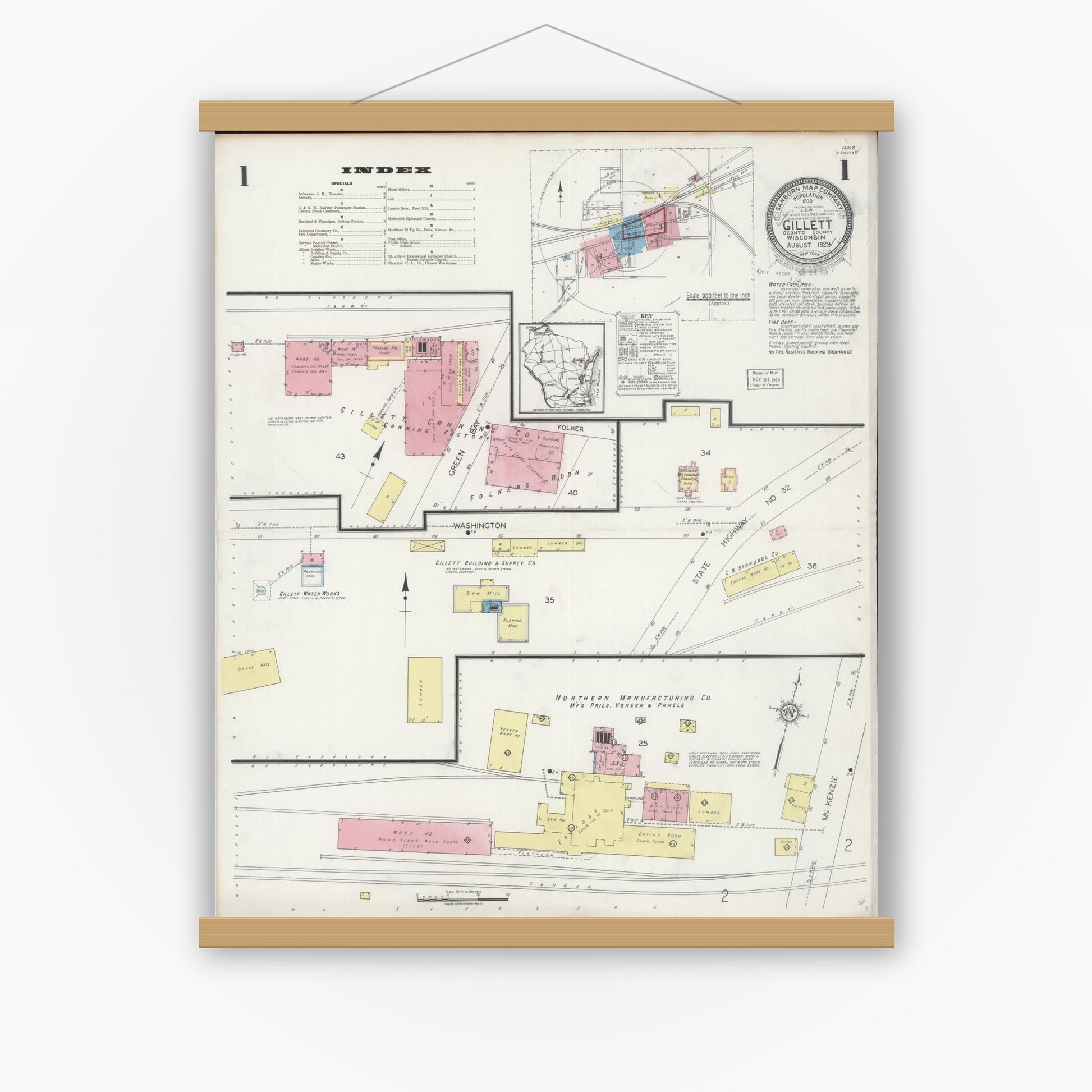 Old map wall art mockup — magnetic wood frame on white wall — Sanborn Fire Insurance Map from Gillett, Oconto County, Wisconsin (1929), Sheet #0001