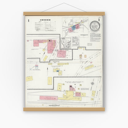 Old map wall art mockup — magnetic wood frame on white wall — Sanborn Fire Insurance Map from Gillett, Oconto County, Wisconsin (1929), Sheet #0001