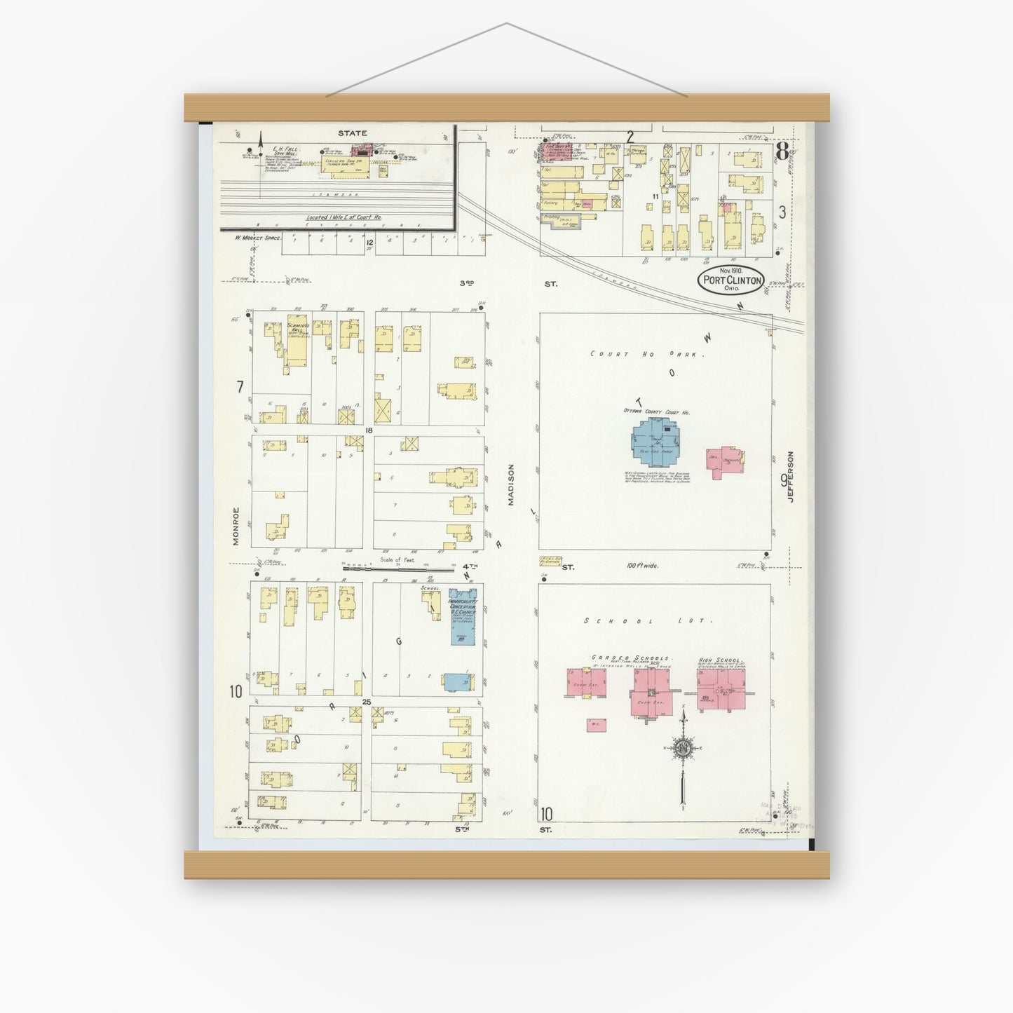 Old map wall art mockup — magnetic wood frame on white wall — Sanborn Fire Insurance Map from Port Clinton, Ottawa County, Ohio (1910), Sheet #0008