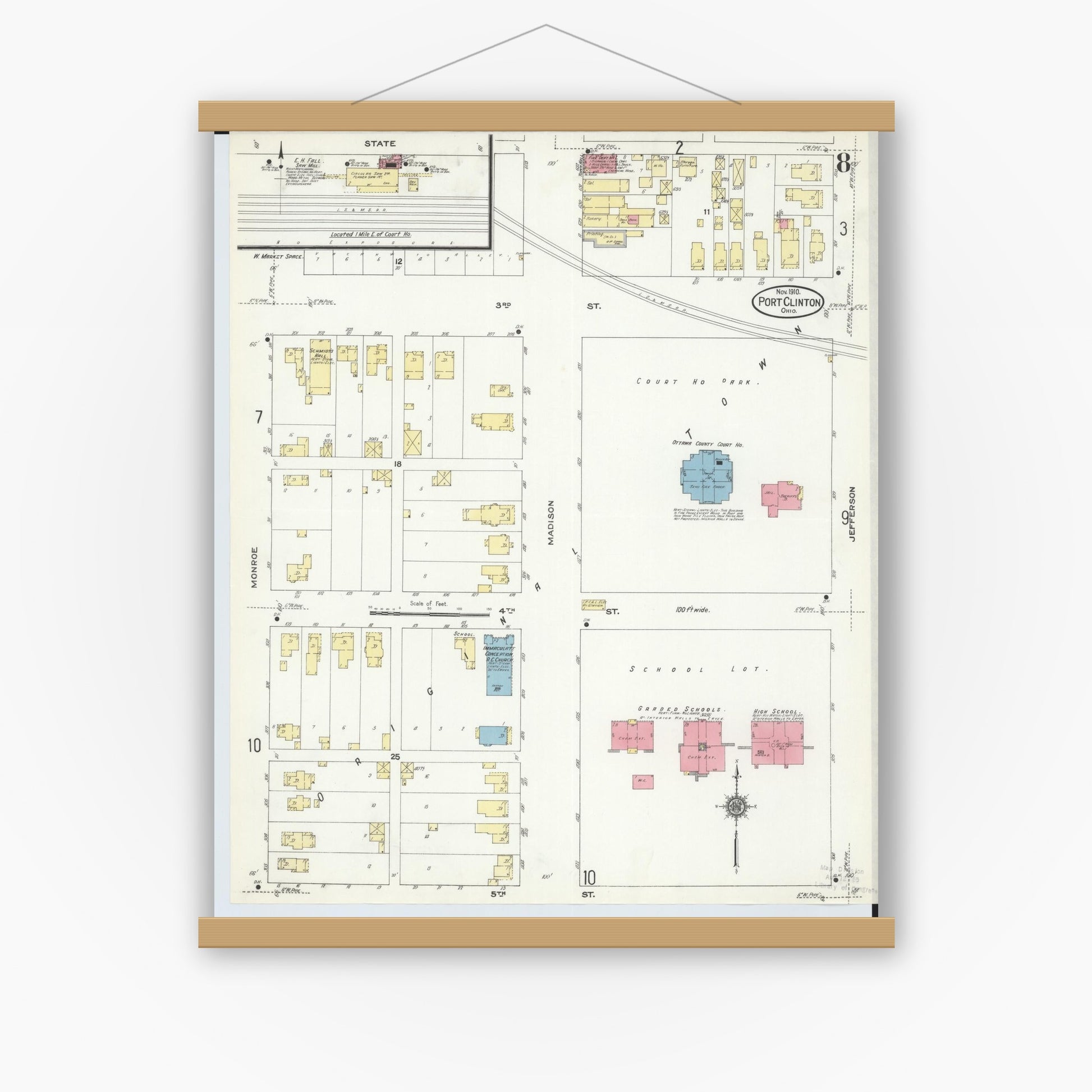 Old map wall art mockup — magnetic wood frame on white wall — Sanborn Fire Insurance Map from Port Clinton, Ottawa County, Ohio (1910), Sheet #0008