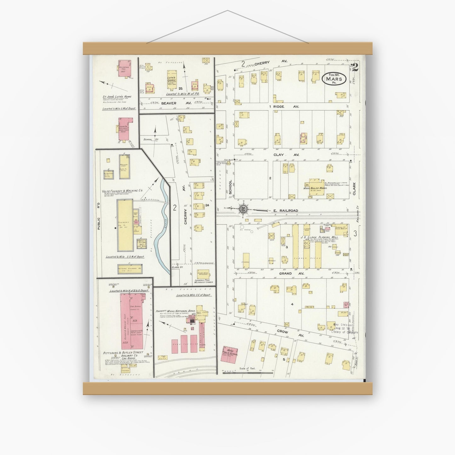 Old map wall art mockup — magnetic wood frame on white wall — Sanborn Fire Insurance Map from Mars, Butler County, Pennsylvania (1911), Sheet #0002