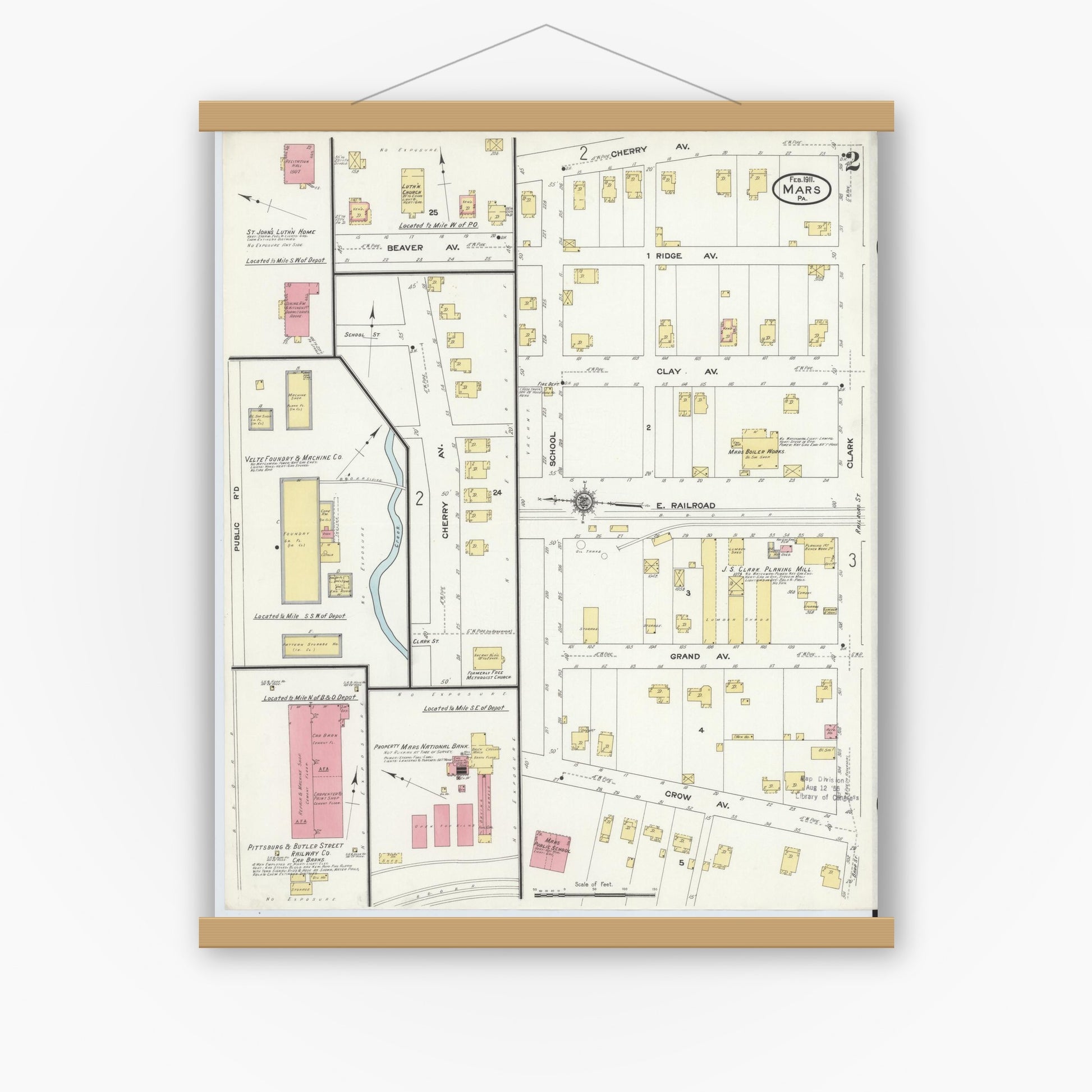 Old map wall art mockup — magnetic wood frame on white wall — Sanborn Fire Insurance Map from Mars, Butler County, Pennsylvania (1911), Sheet #0002