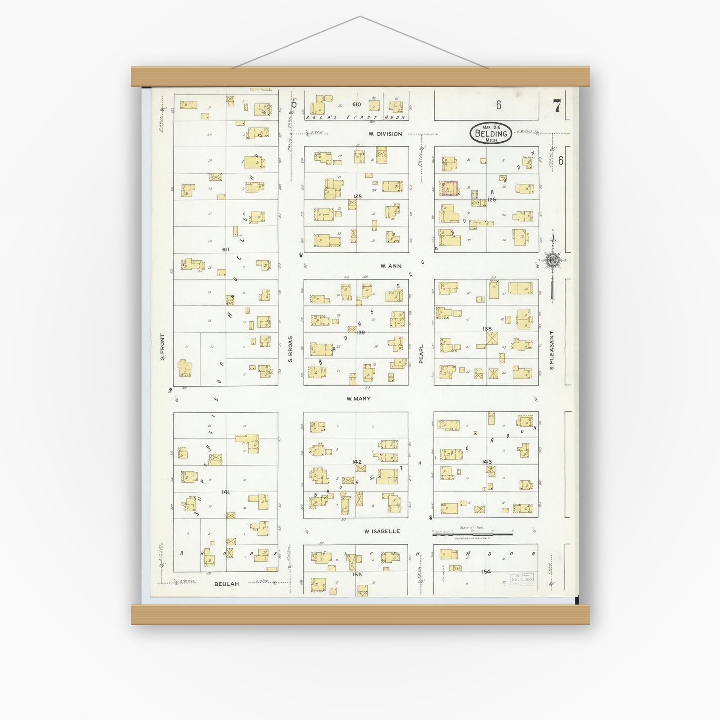 Old map wall art mockup — magnetic wood frame on white wall — Sanborn Fire Insurance Map from Belding, Ionia County, Michigan (1918), Sheet #0007