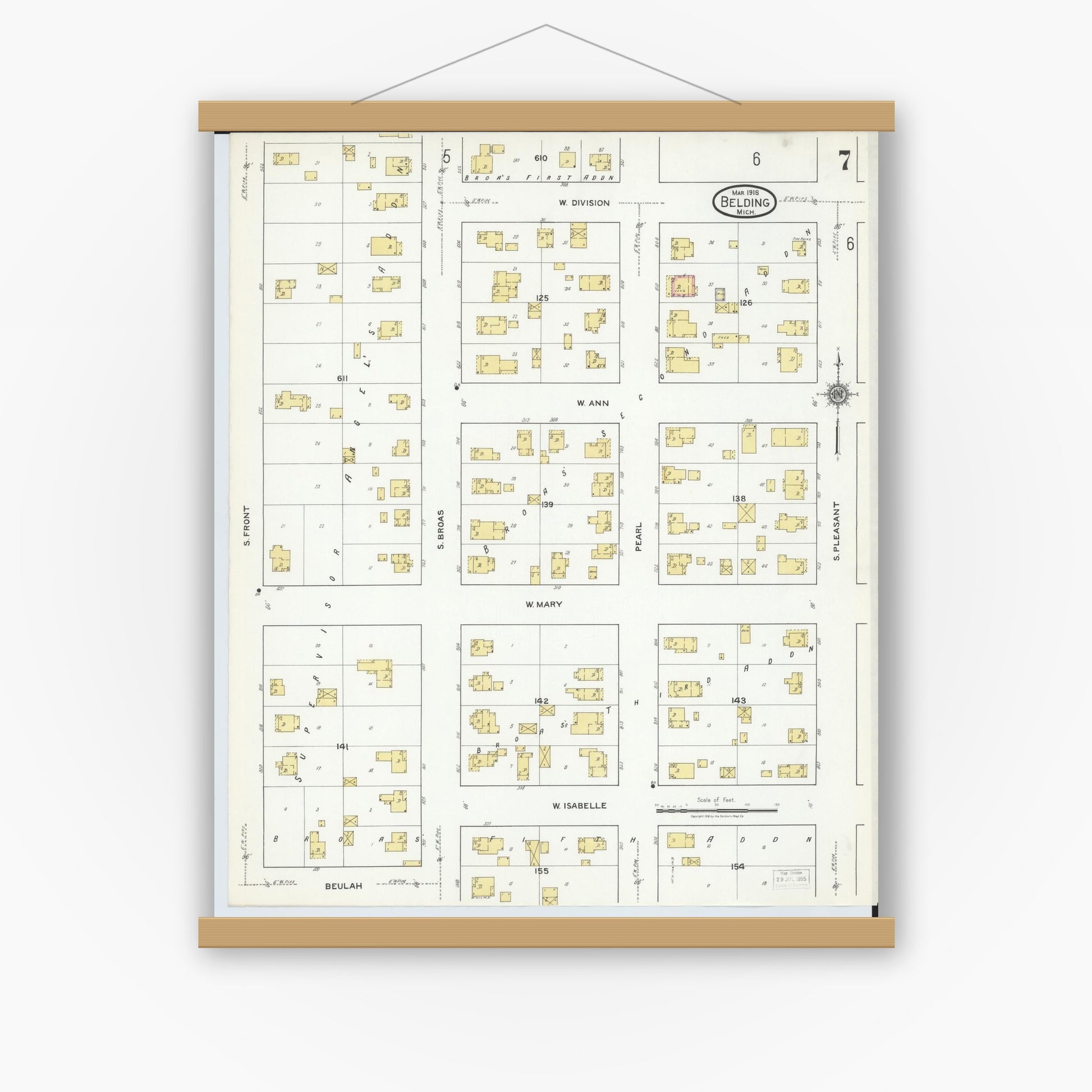 Old map wall art mockup — magnetic wood frame on white wall — Sanborn Fire Insurance Map from Belding, Ionia County, Michigan (1918), Sheet #0007