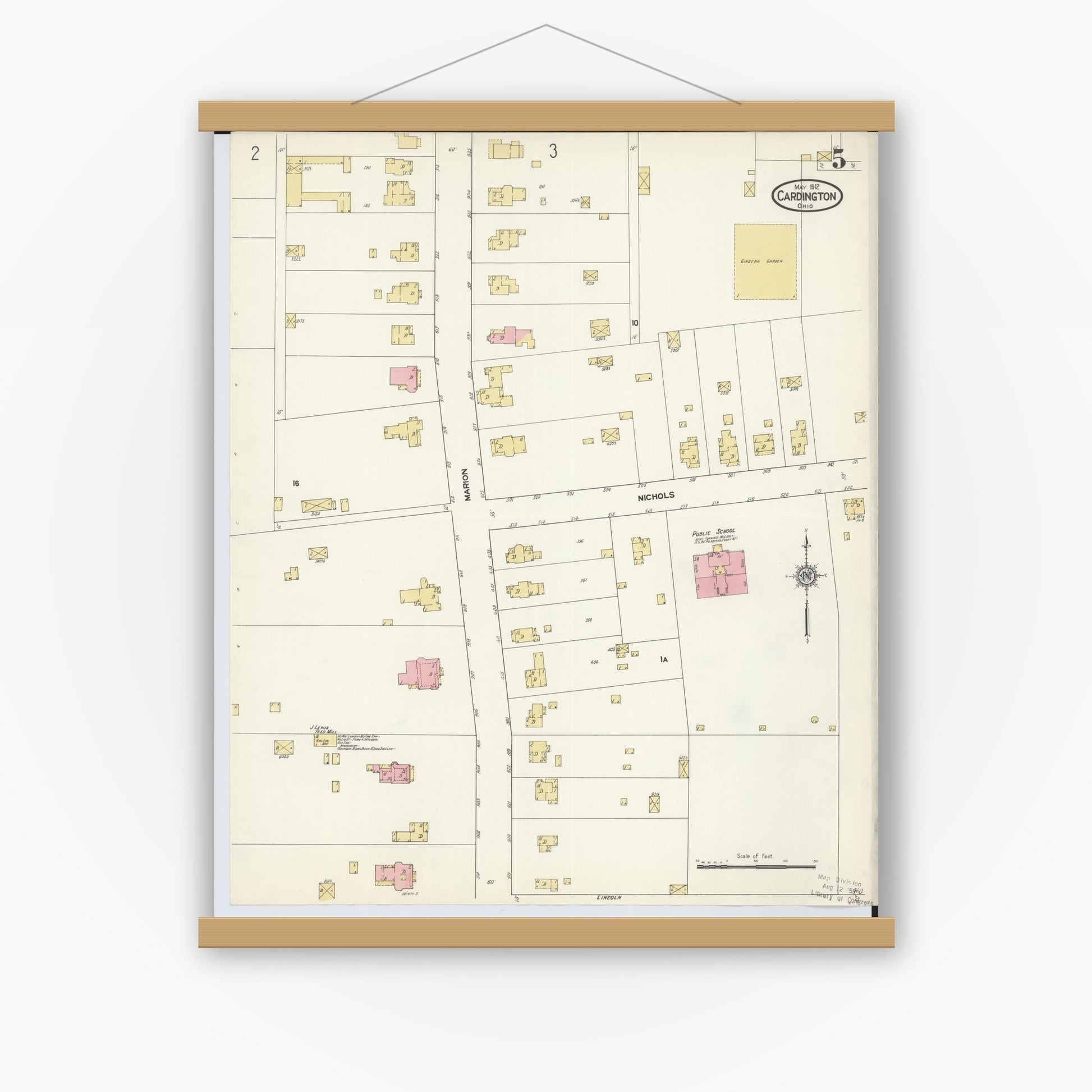 Old map wall art mockup — magnetic wood frame on white wall — Sanborn Fire Insurance Map from Cardington, Morrow County, Ohio (1912), Sheet #0005