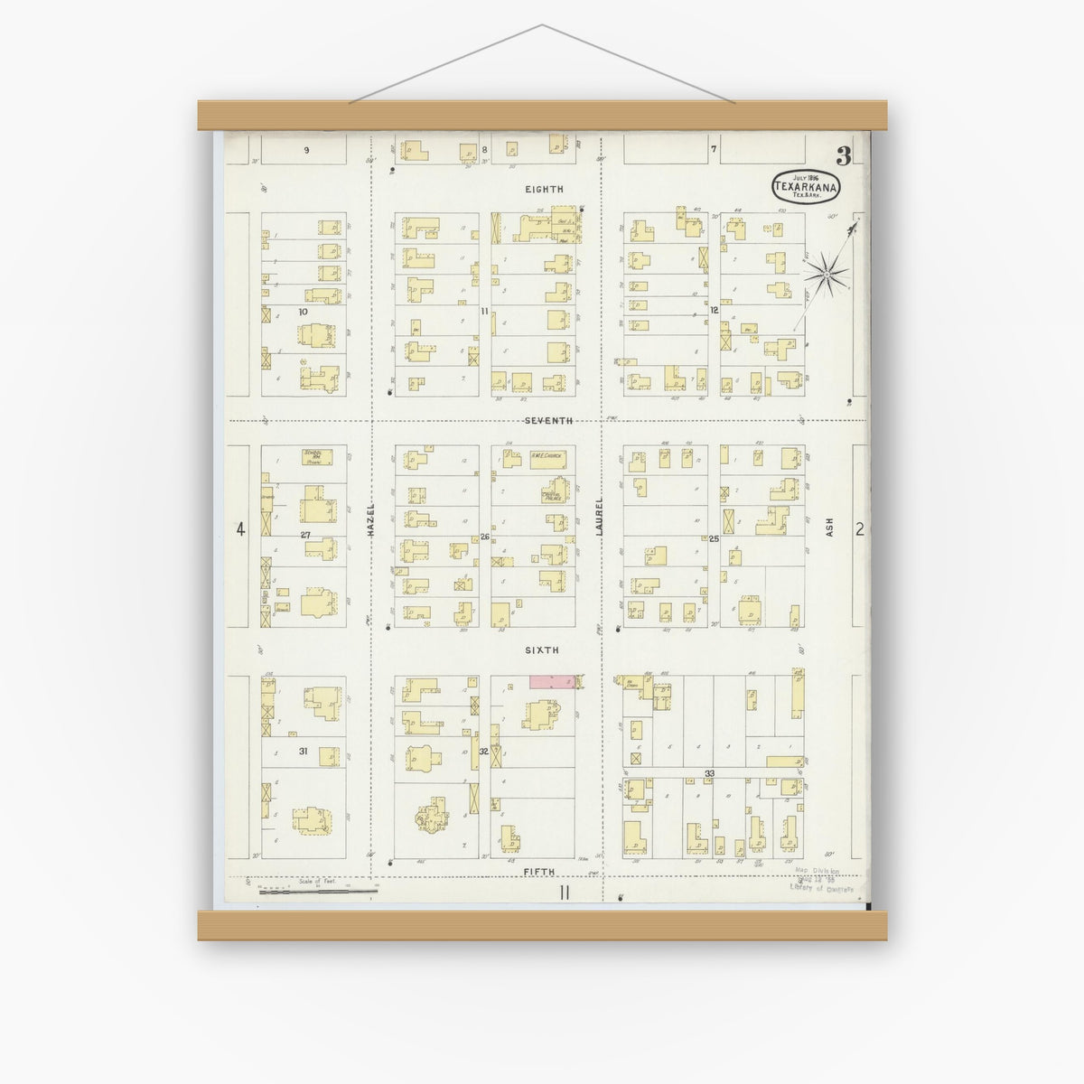 Old map wall art mockup — magnetic wood frame on white wall — Sanborn Fire Insurance Map from Texarkana, Bowie County, Texas (1896), Sheet #0003
