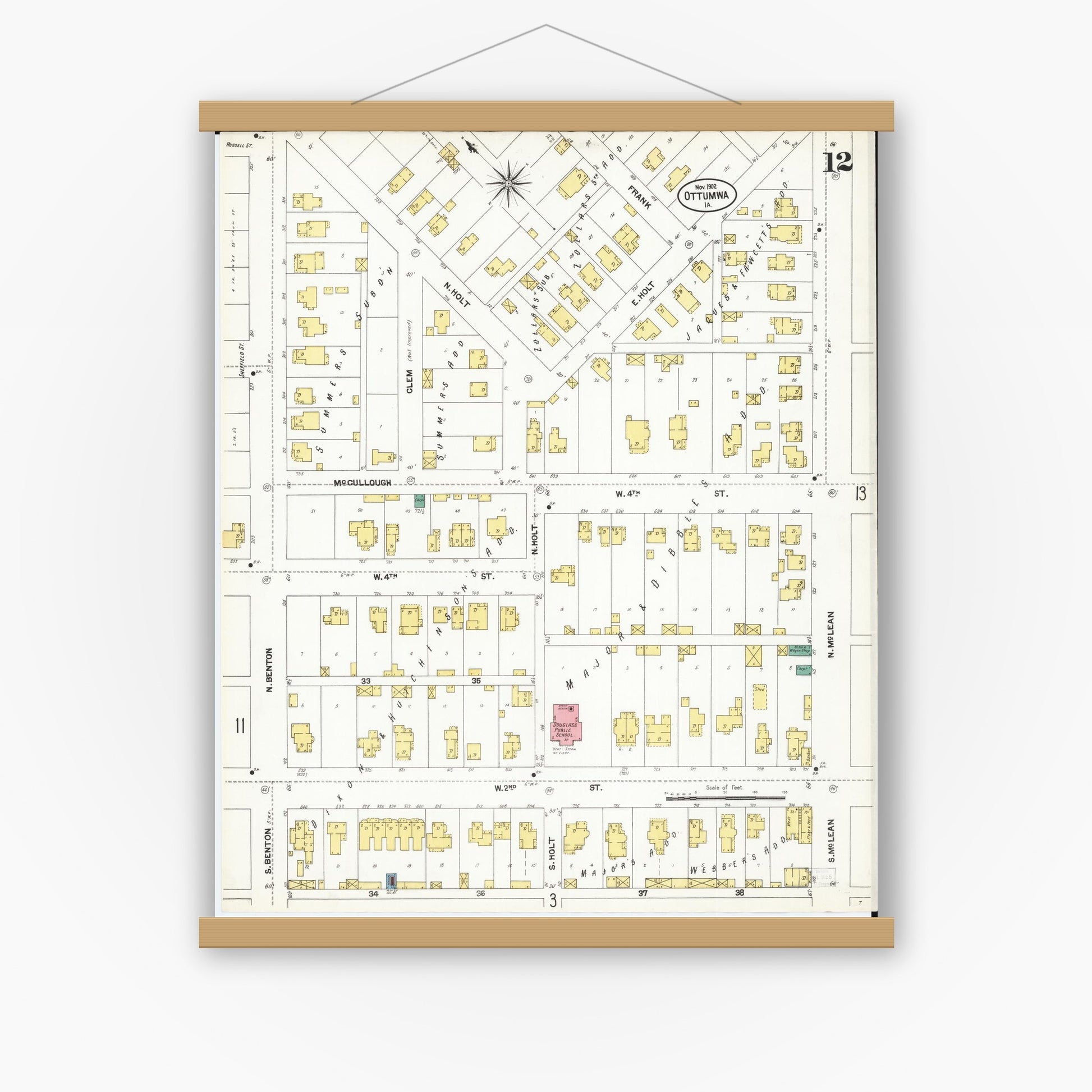 Old map wall art mockup — magnetic wood frame on white wall — Sanborn Fire Insurance Map from Ottumwa, Wapello County, Iowa (1902), Sheet #0012
