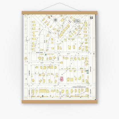 Old map wall art mockup — magnetic wood frame on white wall — Sanborn Fire Insurance Map from Ottumwa, Wapello County, Iowa (1902), Sheet #0012