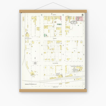 Old map wall art mockup — magnetic wood frame on white wall — Sanborn Fire Insurance Map from Sibley, Osceola County, Iowa (1896), Sheet #0003