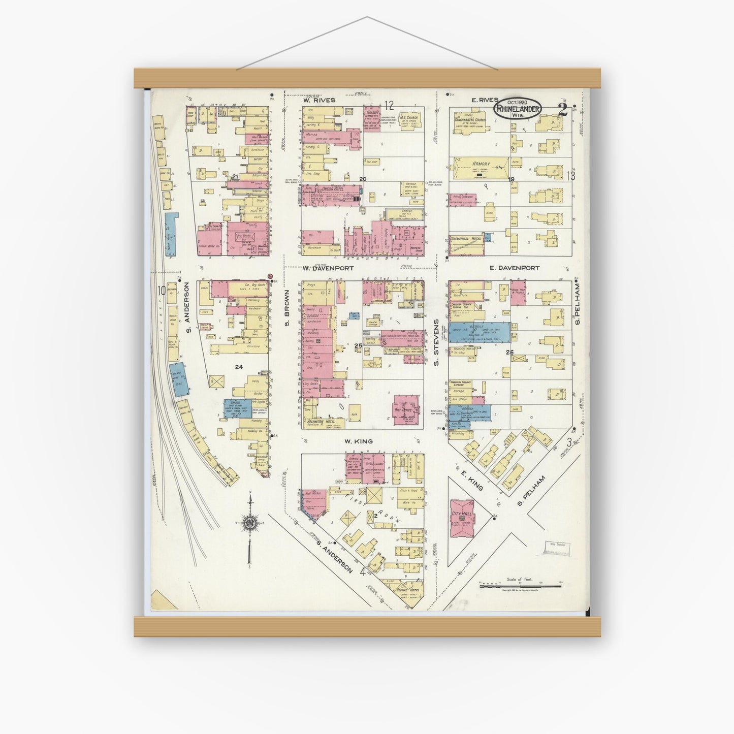 Old map wall art mockup — magnetic wood frame on white wall — Sanborn Fire Insurance Map from Rhinelander, Oneida County, Wisconsin (1920), Sheet #0002