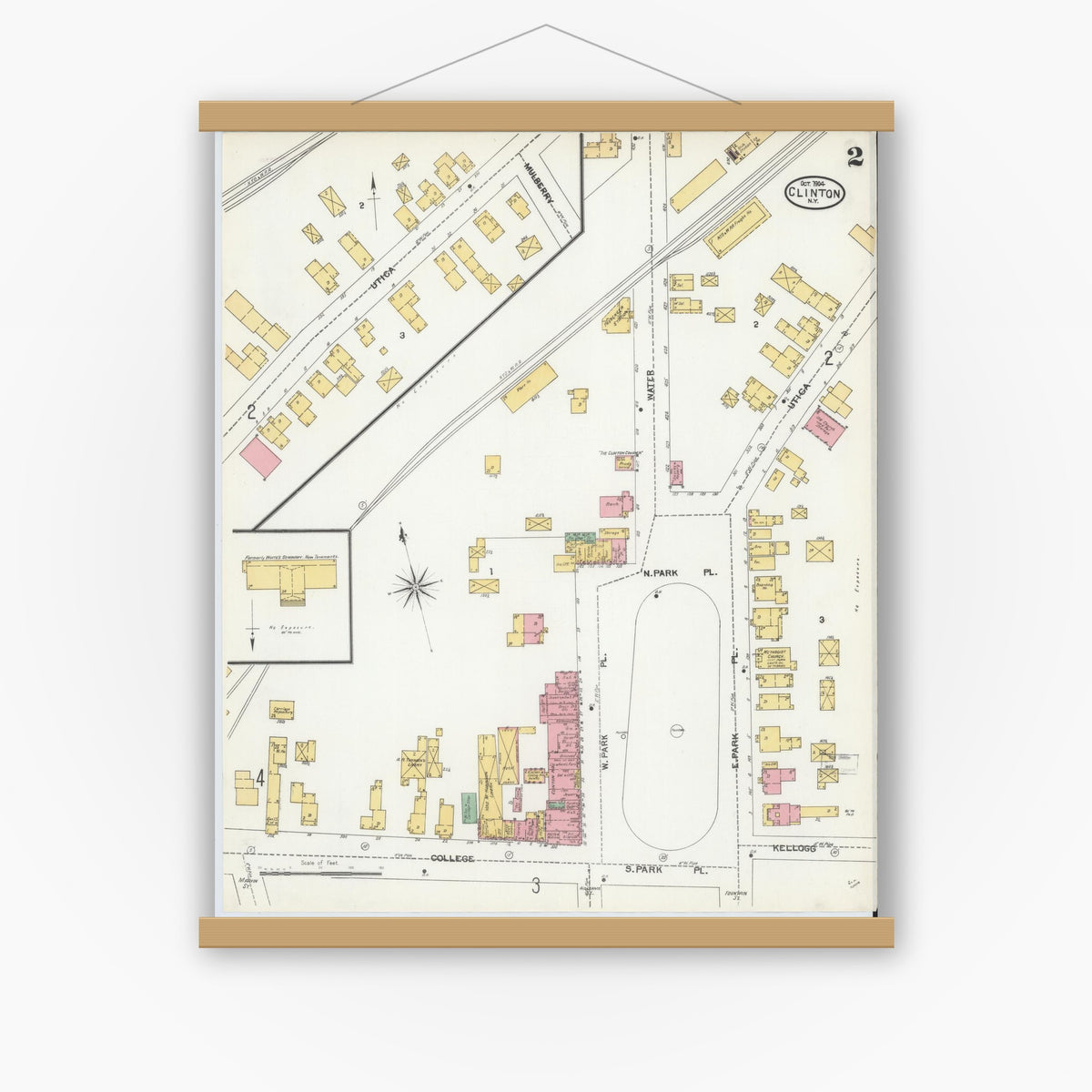 Old map wall art mockup — magnetic wood frame on white wall — Sanborn Fire Insurance Map from Clinton, Oneida County, New York (1904), Sheet #0002