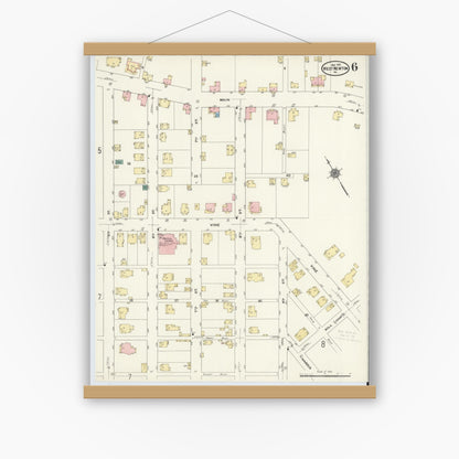 Old map wall art mockup — magnetic wood frame on white wall — Sanborn Fire Insurance Map from West Newton, Westmoreland County, Pennsylvania (1910), Sheet #0006