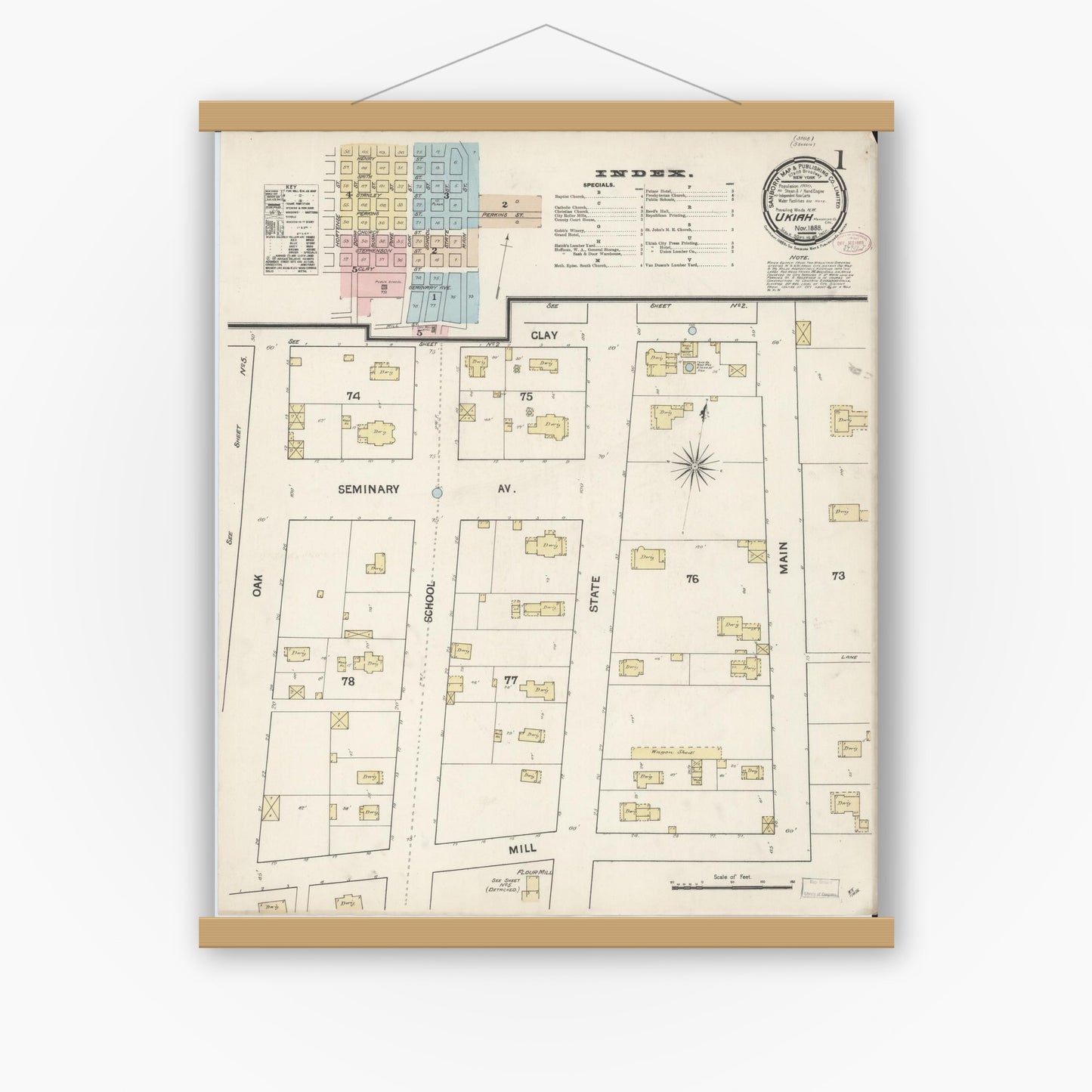 Old map wall art mockup — magnetic wood frame on white wall — Sanborn Fire Insurance Map from Ukiah, Mendocino County, California (1888) - Complete Map Set