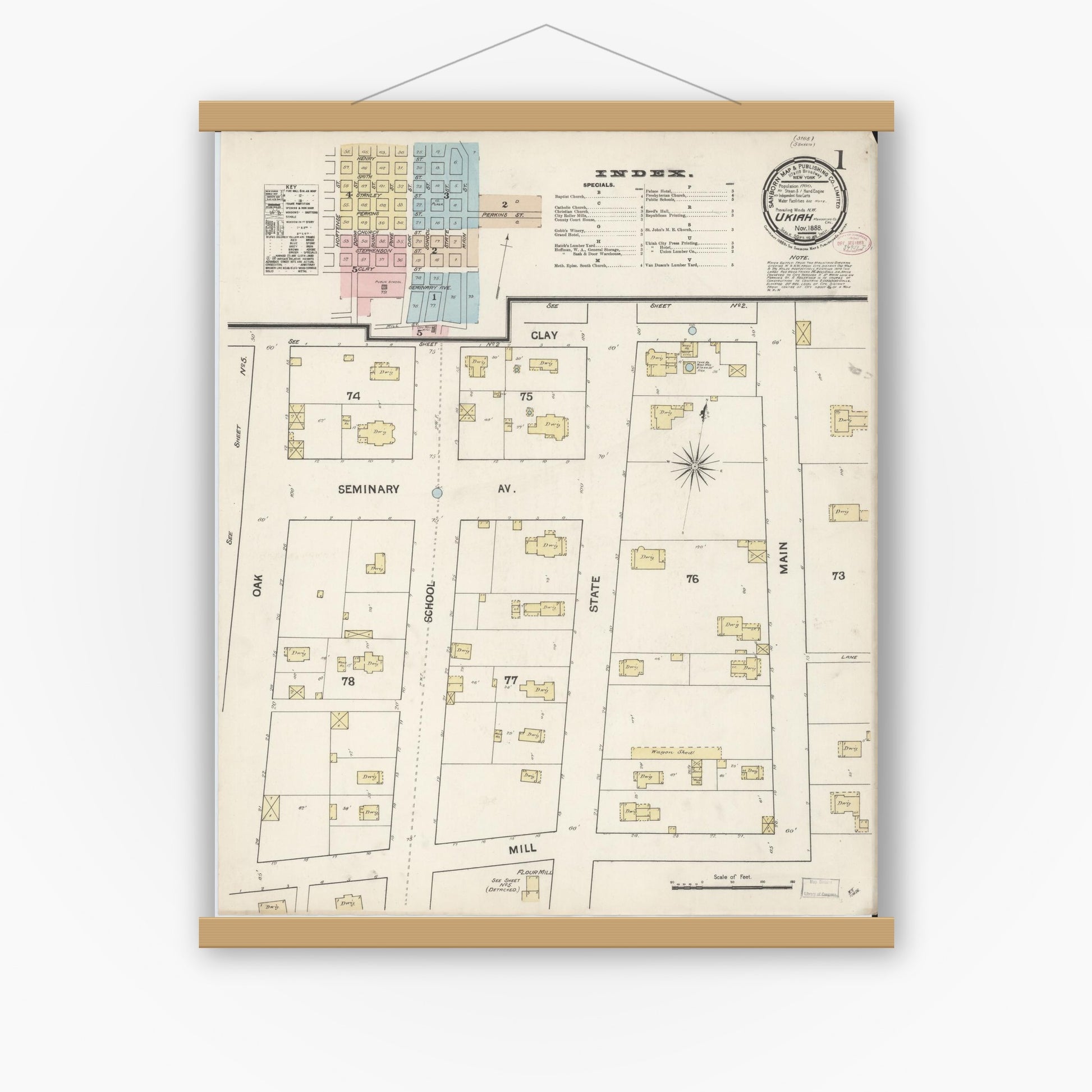 Old map wall art mockup — magnetic wood frame on white wall — Sanborn Fire Insurance Map from Ukiah, Mendocino County, California (1888) - Complete Map Set