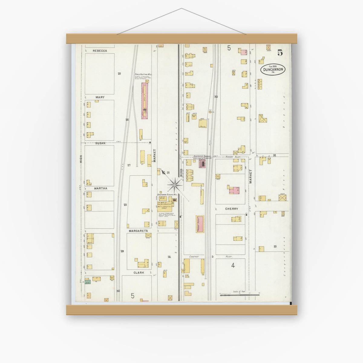 Old map wall art mockup — magnetic wood frame on white wall — Sanborn Fire Insurance Map from Duncannon, Perry County, Pennsylvania (1899), Sheet #0005