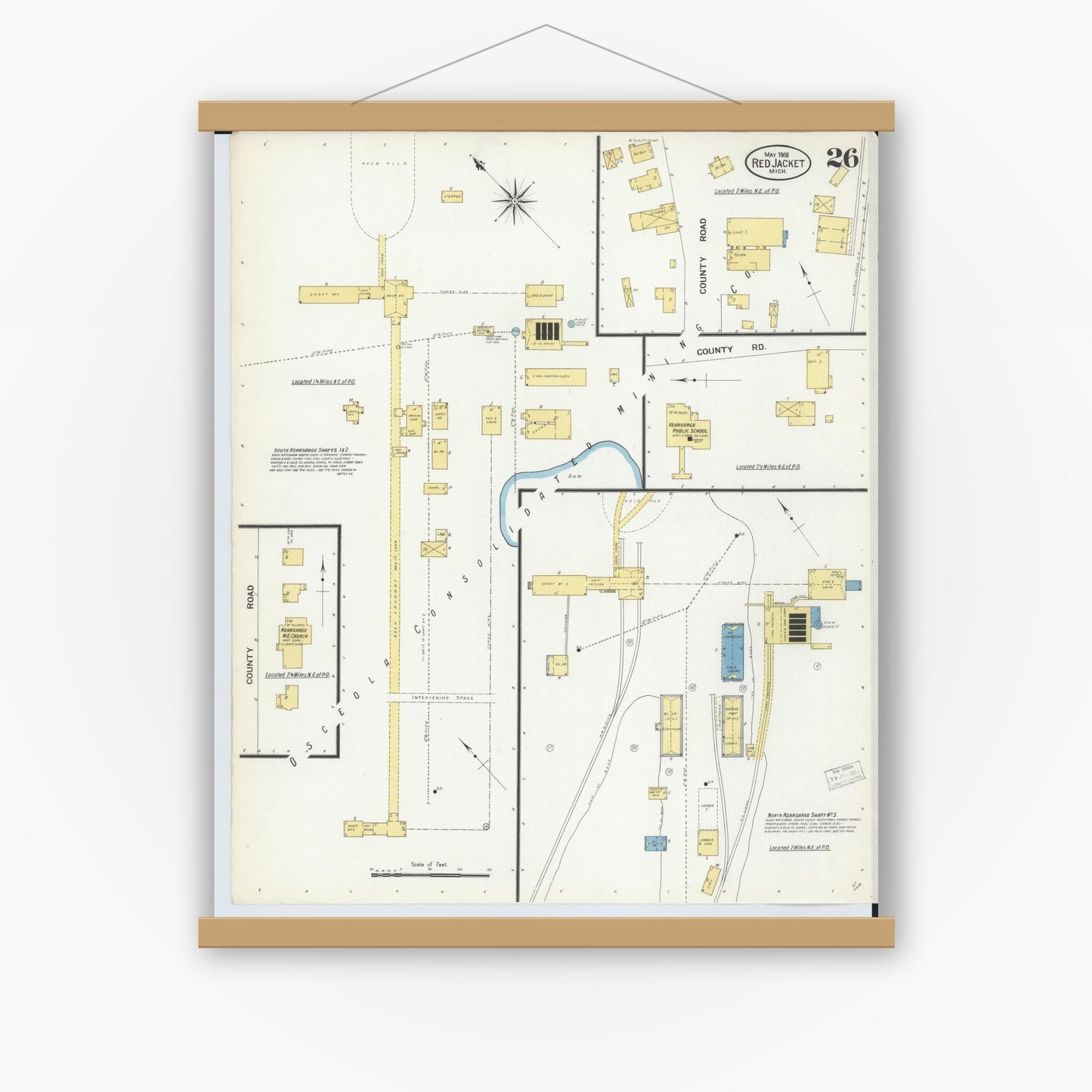 Old map wall art mockup — magnetic wood frame on white wall — Sanborn Fire Insurance Map from Red Jacket, Houghton County, Michigan (1908), Sheet #0026