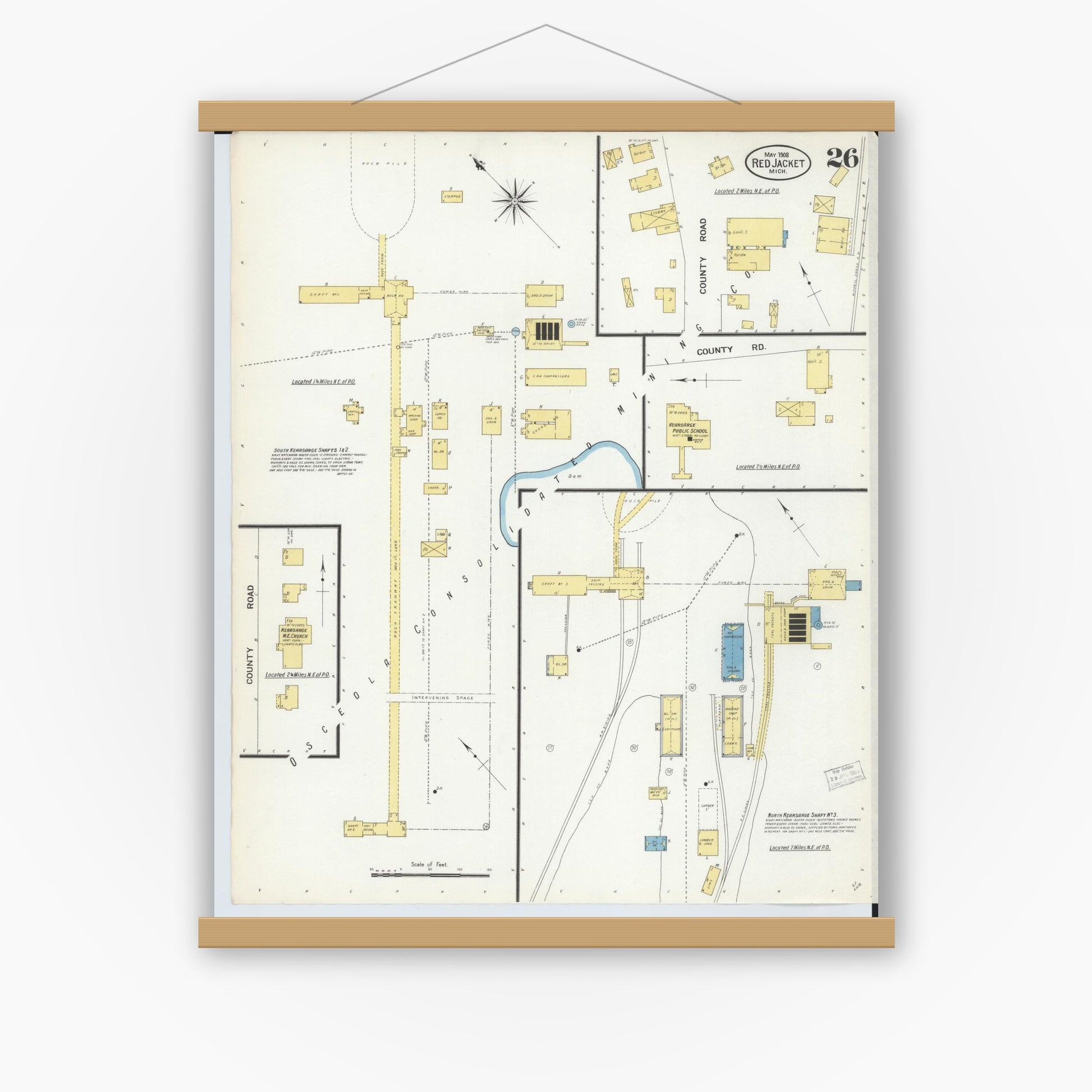 Old map wall art mockup — magnetic wood frame on white wall — Sanborn Fire Insurance Map from Red Jacket, Houghton County, Michigan (1908), Sheet #0026