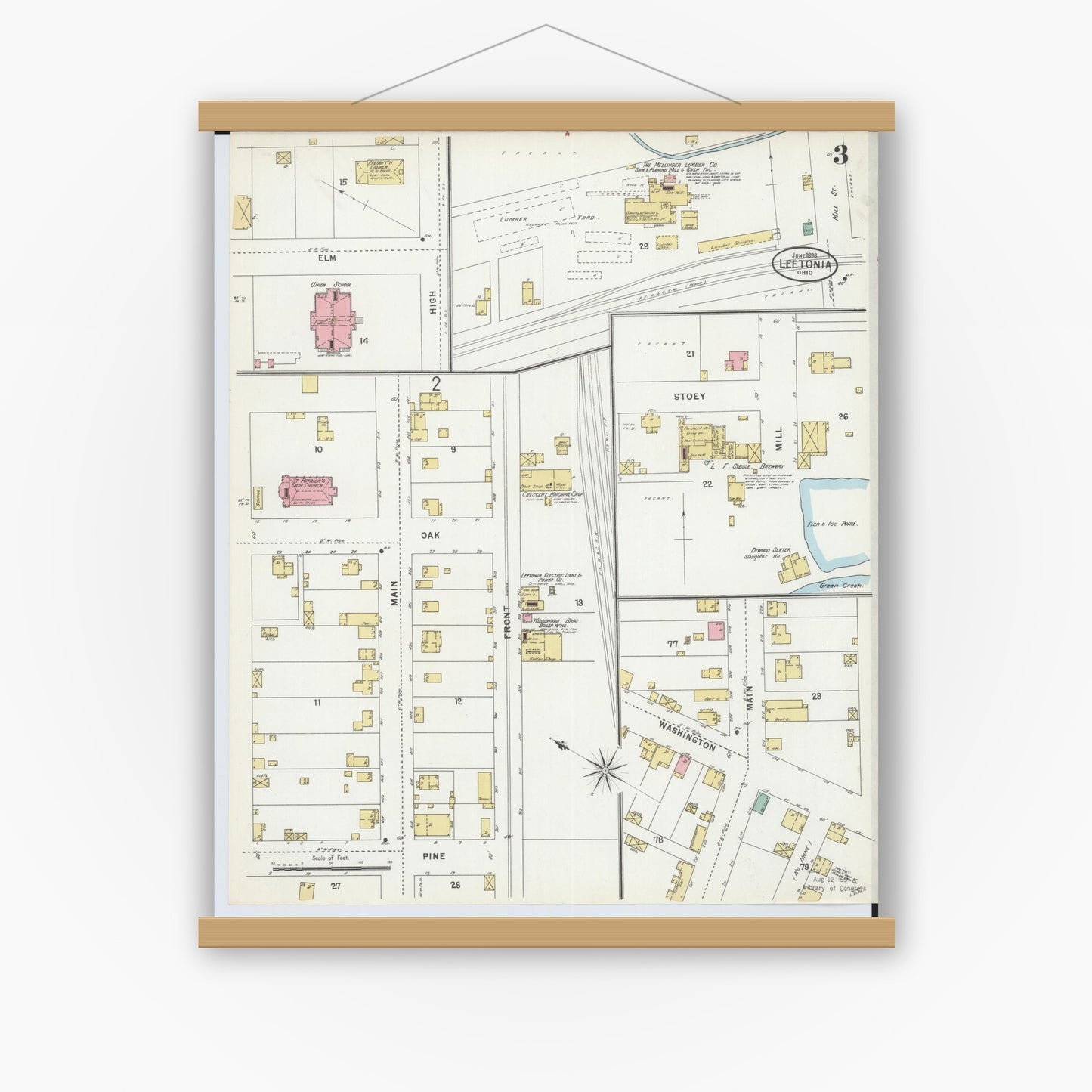 Old map wall art mockup — magnetic wood frame on white wall — Sanborn Fire Insurance Map from Leetonia, Columbiana County, Ohio (1898), Sheet #0003