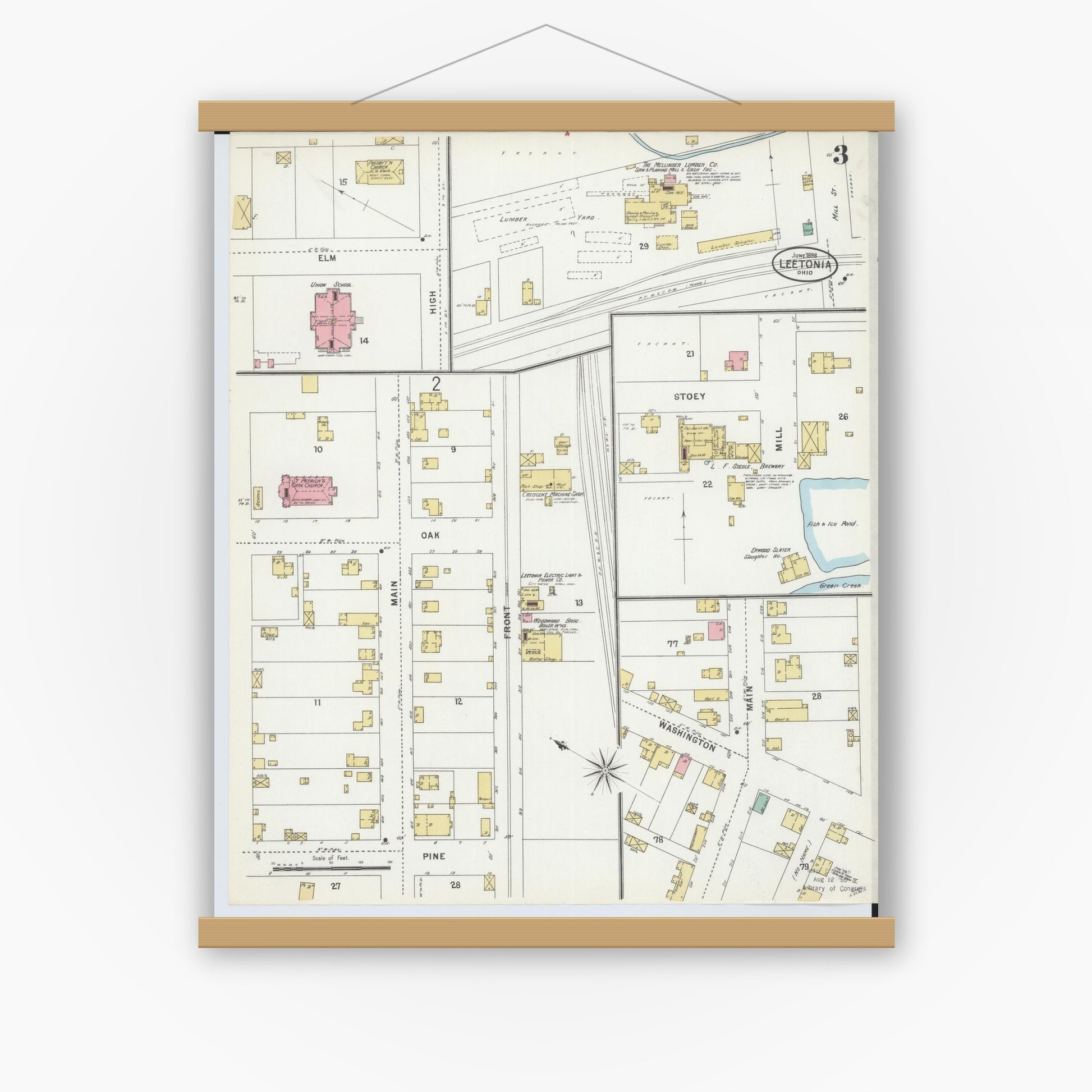 Old map wall art mockup — magnetic wood frame on white wall — Sanborn Fire Insurance Map from Leetonia, Columbiana County, Ohio (1898), Sheet #0003