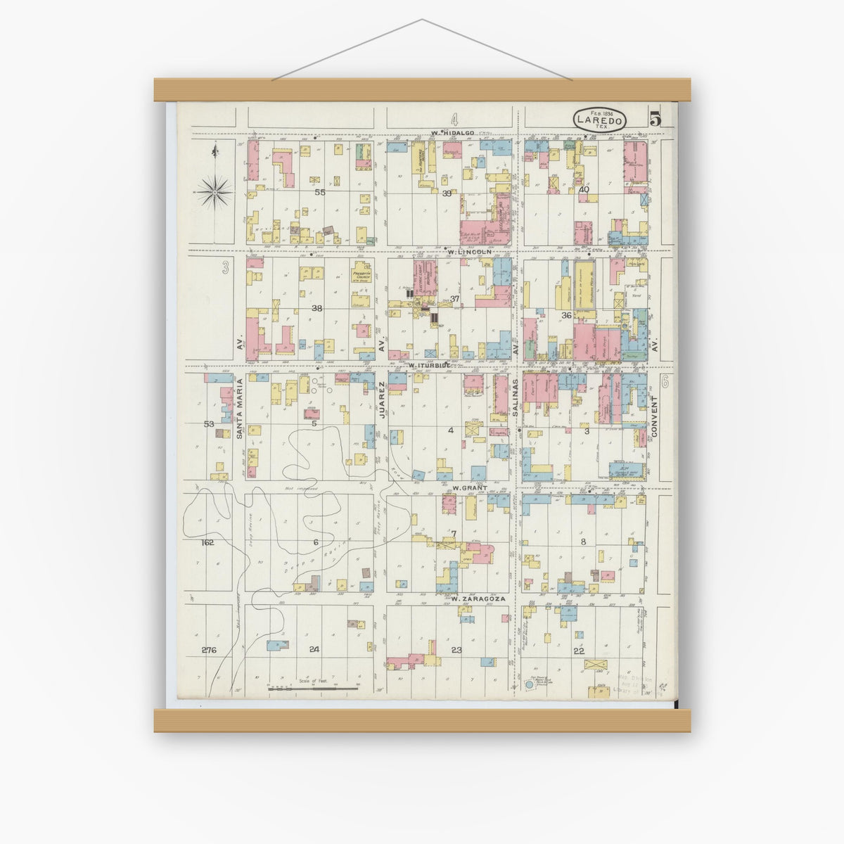 Old map wall art mockup — magnetic wood frame on white wall — Sanborn Fire Insurance Map from Laredo, Webb County, Texas (1894), Sheet #0005