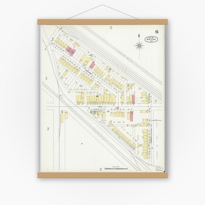 Old map wall art mockup — magnetic wood frame on white wall — Sanborn Fire Insurance Map from Whiting, Lake County, Indiana (1901), Sheet #0006