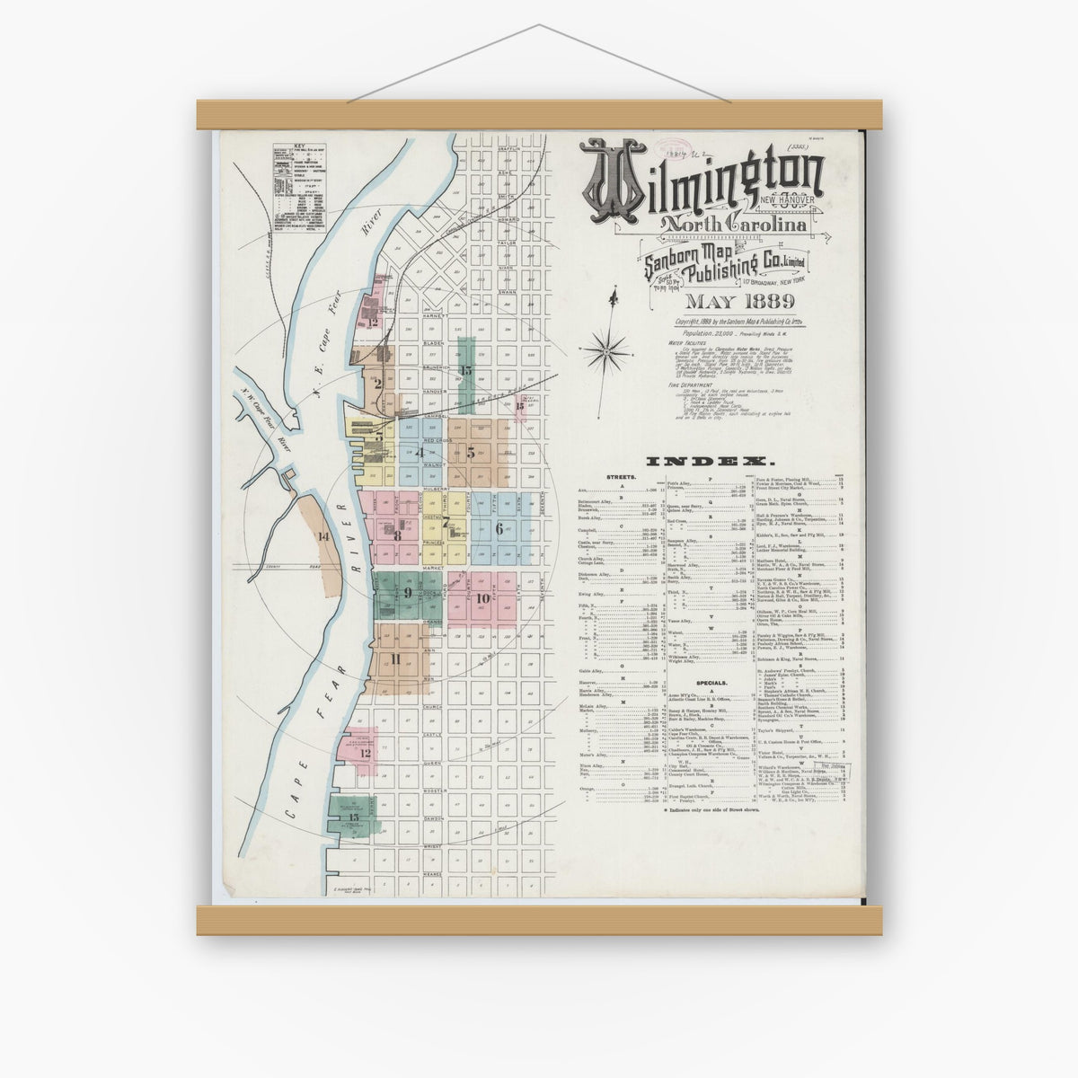 Old map wall art mockup — magnetic wood frame on white wall — Sanborn Fire Insurance Map from Wilmington, New Hanover County, North Carolina (1889) - Complete Map Set