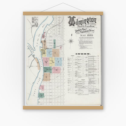 Old map wall art mockup — magnetic wood frame on white wall — Sanborn Fire Insurance Map from Wilmington, New Hanover County, North Carolina (1889) - Complete Map Set