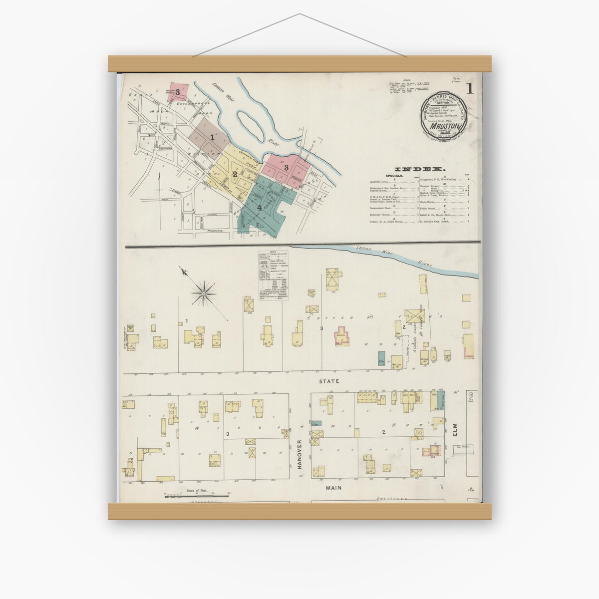 Old map wall art mockup — magnetic wood frame on white wall — Sanborn Fire Insurance Map from Mauston, Juneau County, Wisconsin (1894) - Complete Map Set