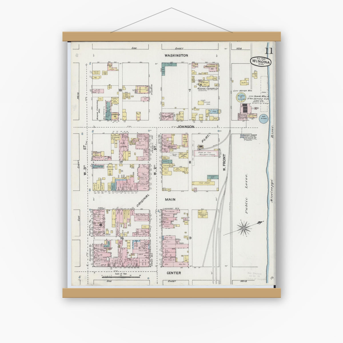 Old map wall art mockup — magnetic wood frame on white wall — Sanborn Fire Insurance Map from Winona, Winona County, Minnesota (1889), Sheet #0011