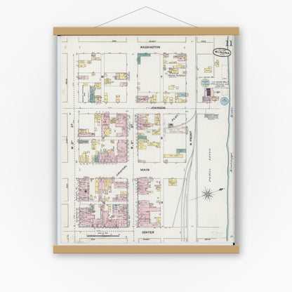 Old map wall art mockup — magnetic wood frame on white wall — Sanborn Fire Insurance Map from Winona, Winona County, Minnesota (1889), Sheet #0011