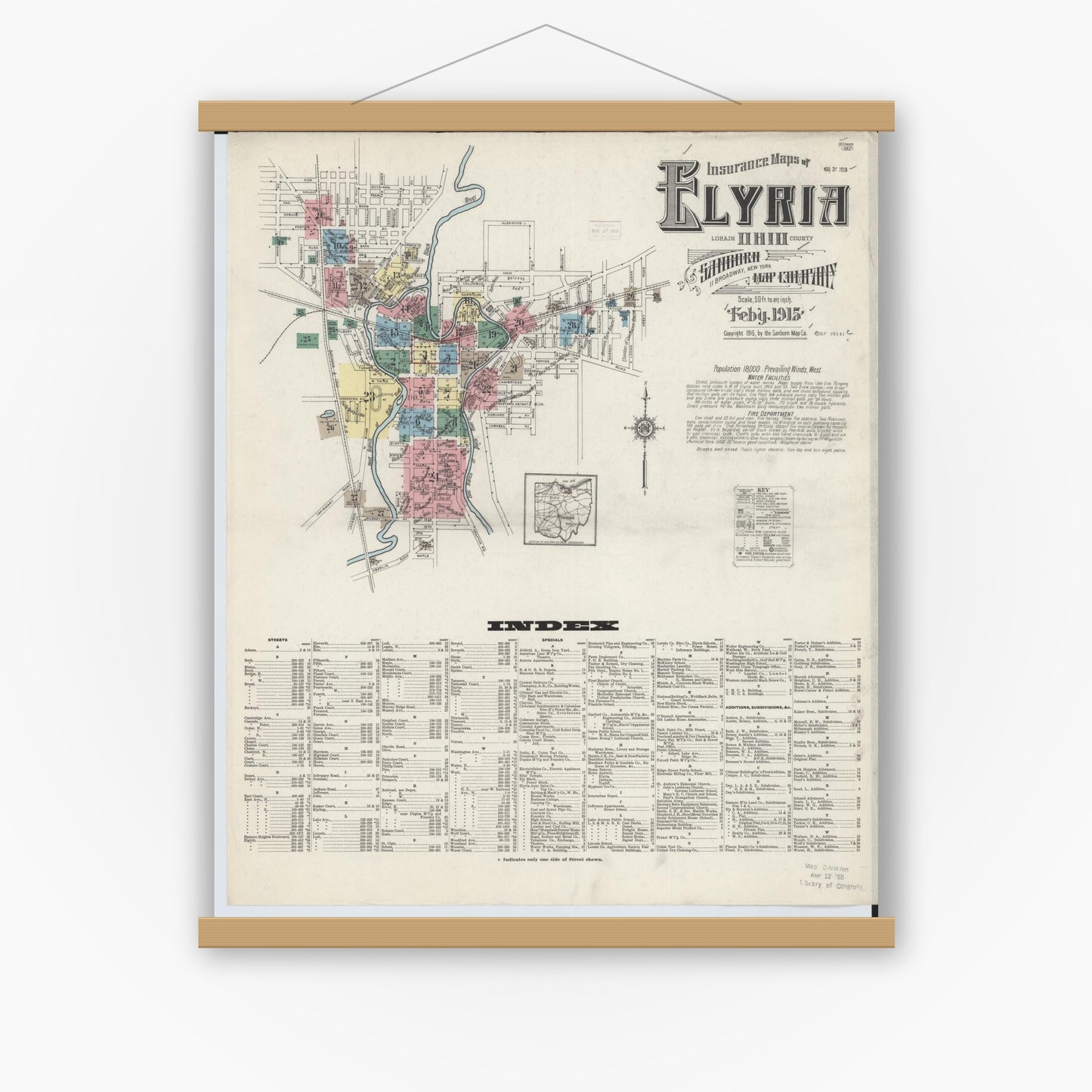 Old map wall art mockup — magnetic wood frame on white wall — Sanborn Fire Insurance Map from Elyria, Lorain County, Ohio (1915) - Complete Map Set